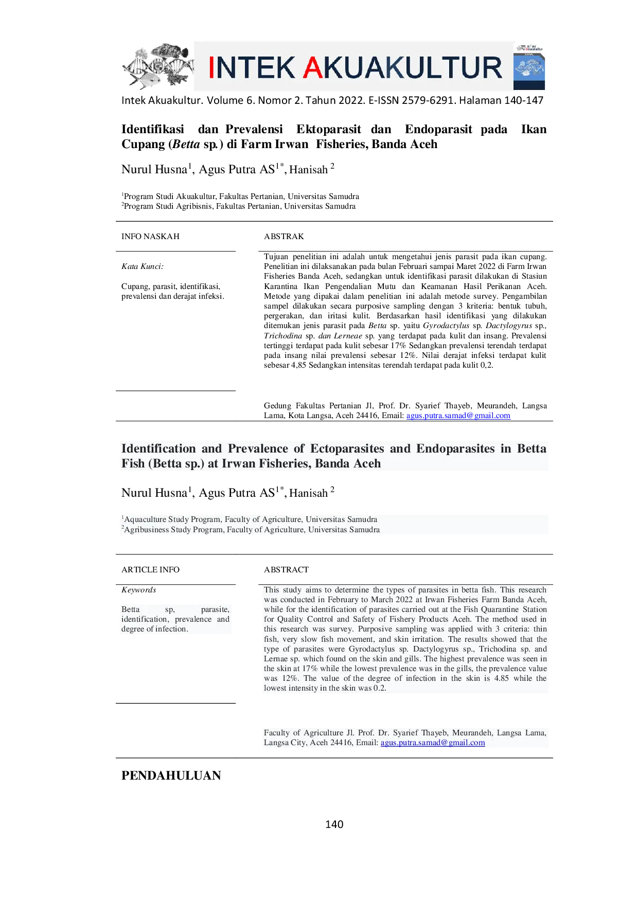JURIS Identification and Prevalence of Ectoparasites and Endoparasites in Betta Fish Betta sp