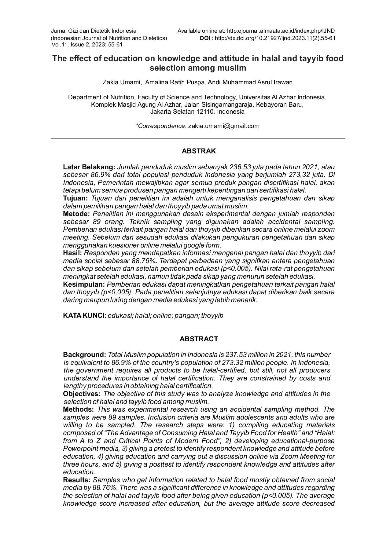 JURIS The Effect Of Education On Knowledge And Attitude In Halal And Tayyib Food Selection Among Muslim