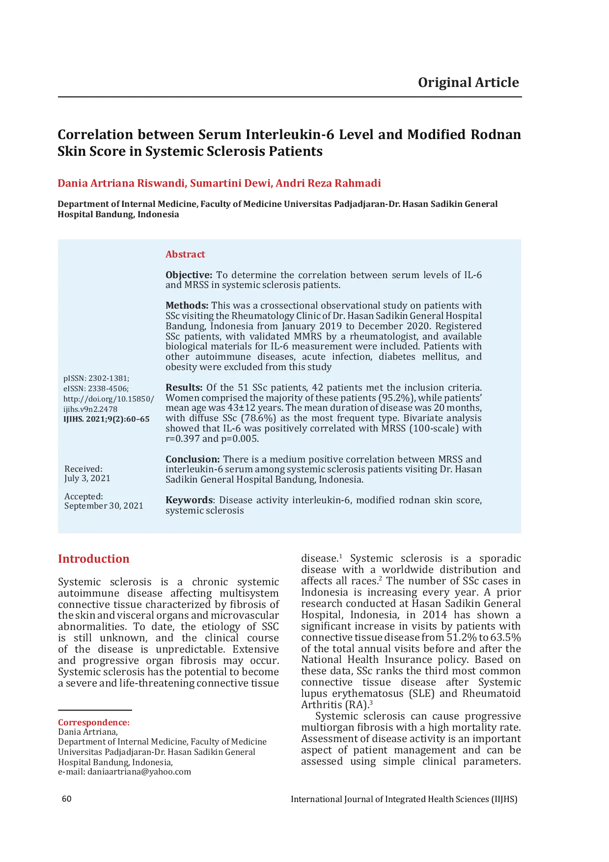 JURIS Correlation between Serum Interleukin 6 Level and Modified Rodnan Skin Score in Systemic Sclerosis Patients
