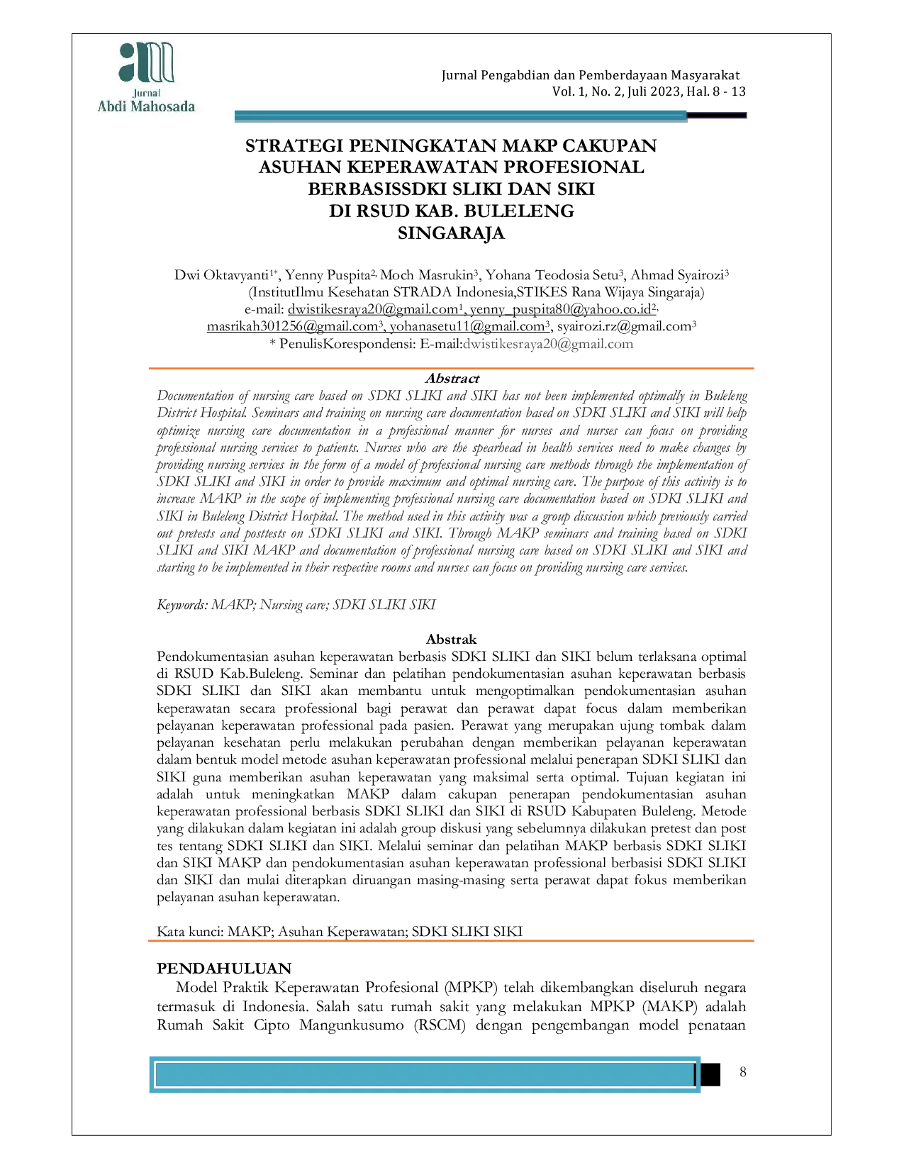 JURIS Strategi Peningkatan MAKP Cakupan Asuhan Keperawatan Profesional Berbasis SDKI SLIKI Dan SIKI Di RSUD Kab Buleleng Singaraja