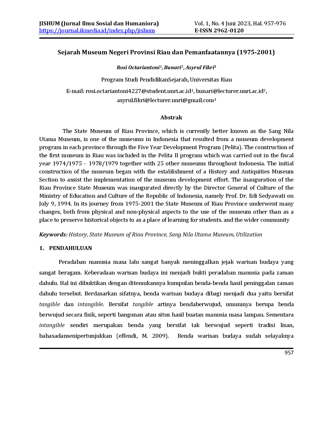 juris Sejarah Museum Negeri Provinsi Riau dan Pemanfaatannya 1975 2001