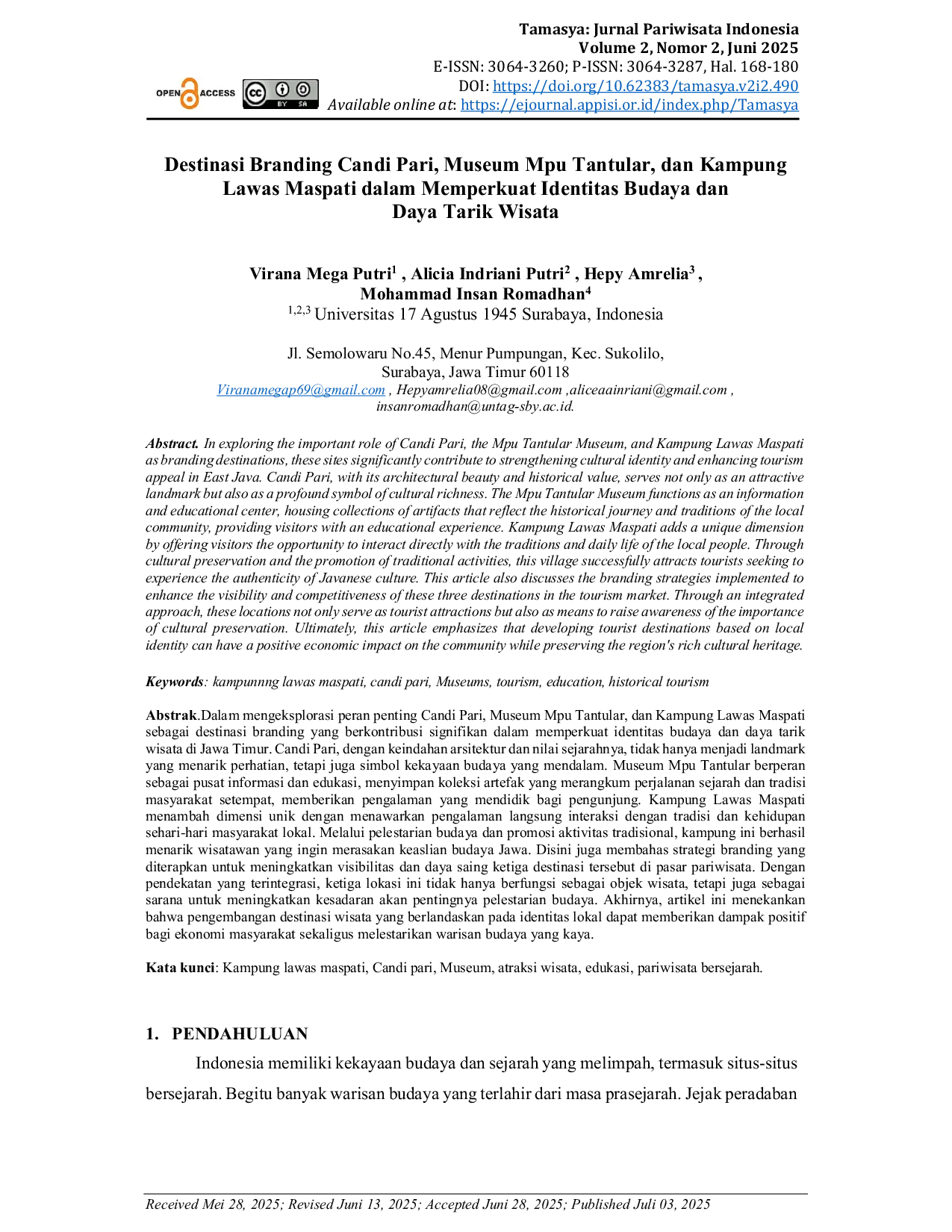 JURIS Destinasi Branding Candi Pari Museum Mpu Tantular dan Kampung Lawas Maspati dalam Memperkuat Identitas Budaya dan Daya Tarik Wisata