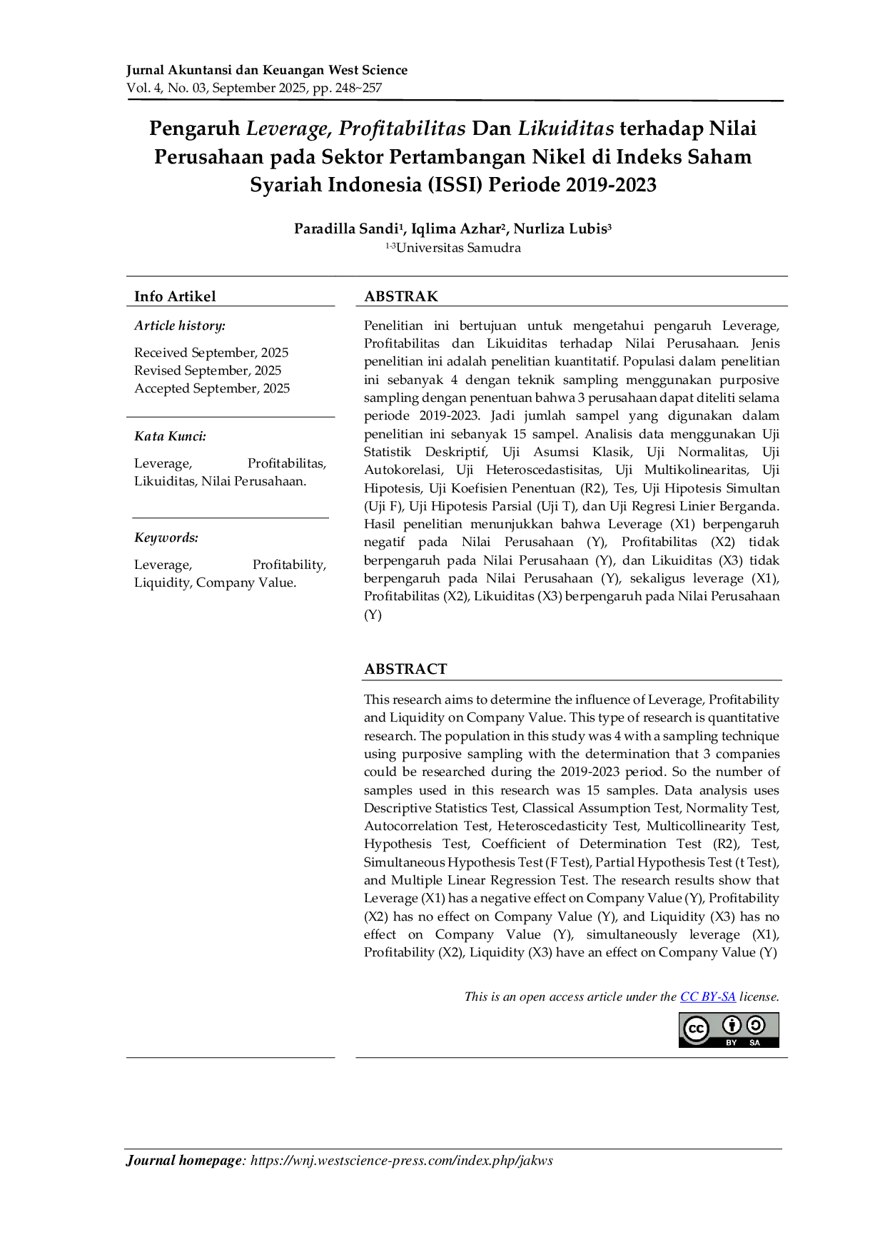 JURIS Pengaruh Leverage Profitabilitas Dan Likuiditas terhadap Nilai Perusahaan pada Sektor Pertambangan Nikel di Indeks Saham Syariah Indonesia ISSI Periode 2019 2023