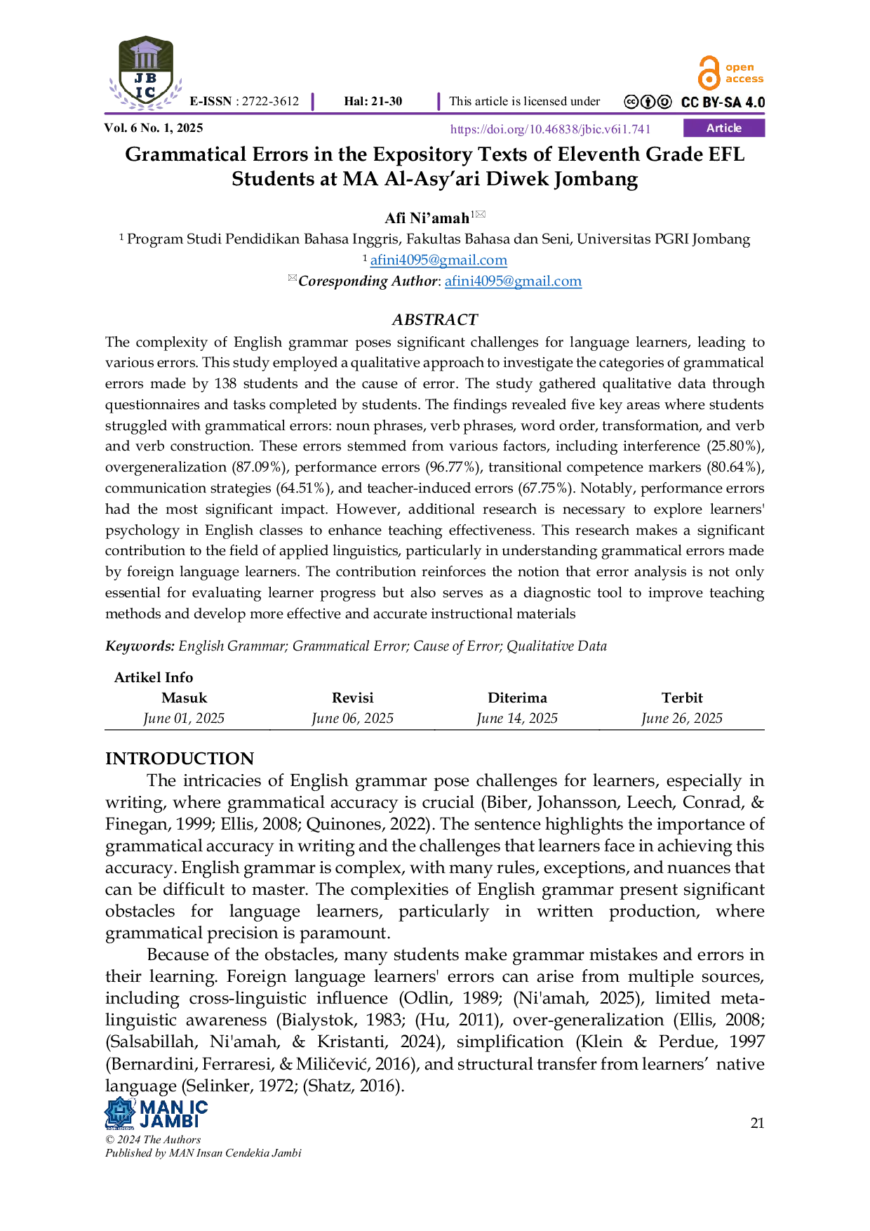 JURIS Grammatical Errors in the Expository Texts of Eleventh Grade EFL Students at MA Al Asy ari Diwek Jombang