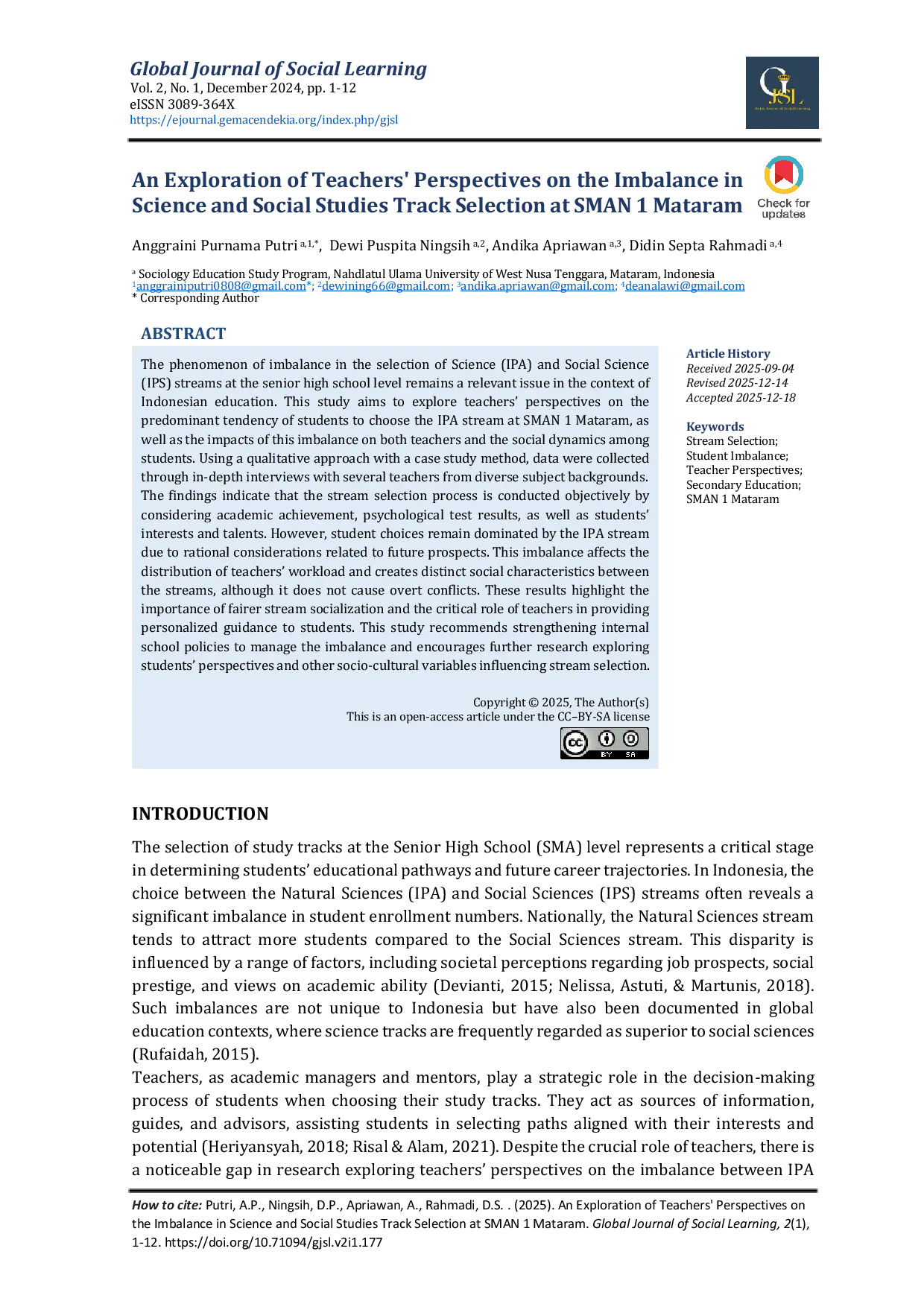 JURIS An Exploration of Teachers Perspectives on the Imbalance in Science and Social Studies Track Selection at SMAN 1 Mataram