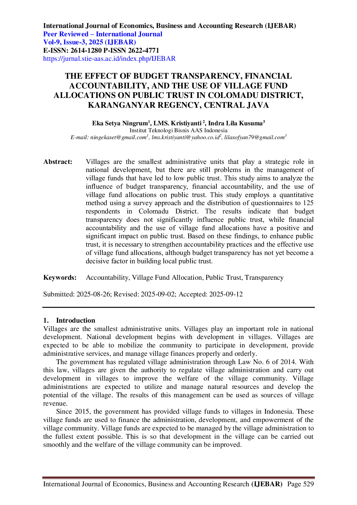 JURIS THE EFFECT OF BUDGET TRANSPARENCY FINANCIAL ACCOUNTABILITY AND THE USE OF VILLAGE FUND ALLOCATIONS ON PUBLIC TRUST IN COLOMADU DISTRICT KARANGANYAR REGENCY CENTRAL JAVA