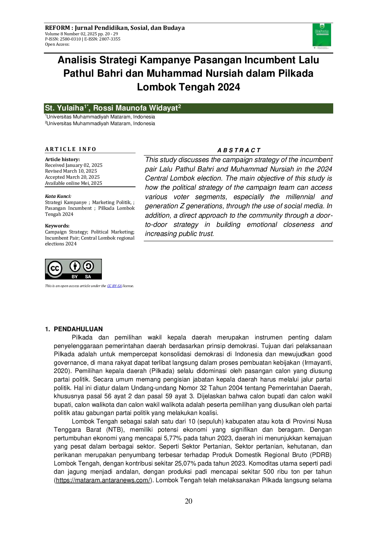 JURIS Analisis Strategi Kampanye Pasangan Incumbent Lalu Pathul Bahri dan Muhammad Nursiah dalam Pilkada Lombok Tengah 2024