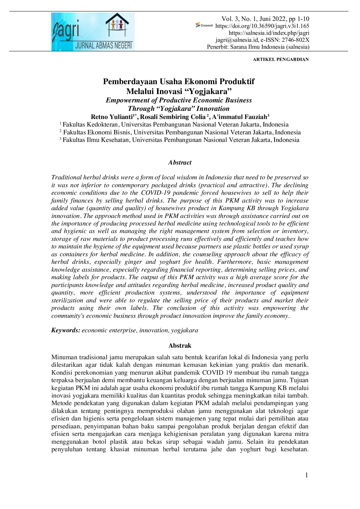 JURIS Pemberdayaan Usaha Ekonomi Produktif Melalui Inovasi Yogjakara