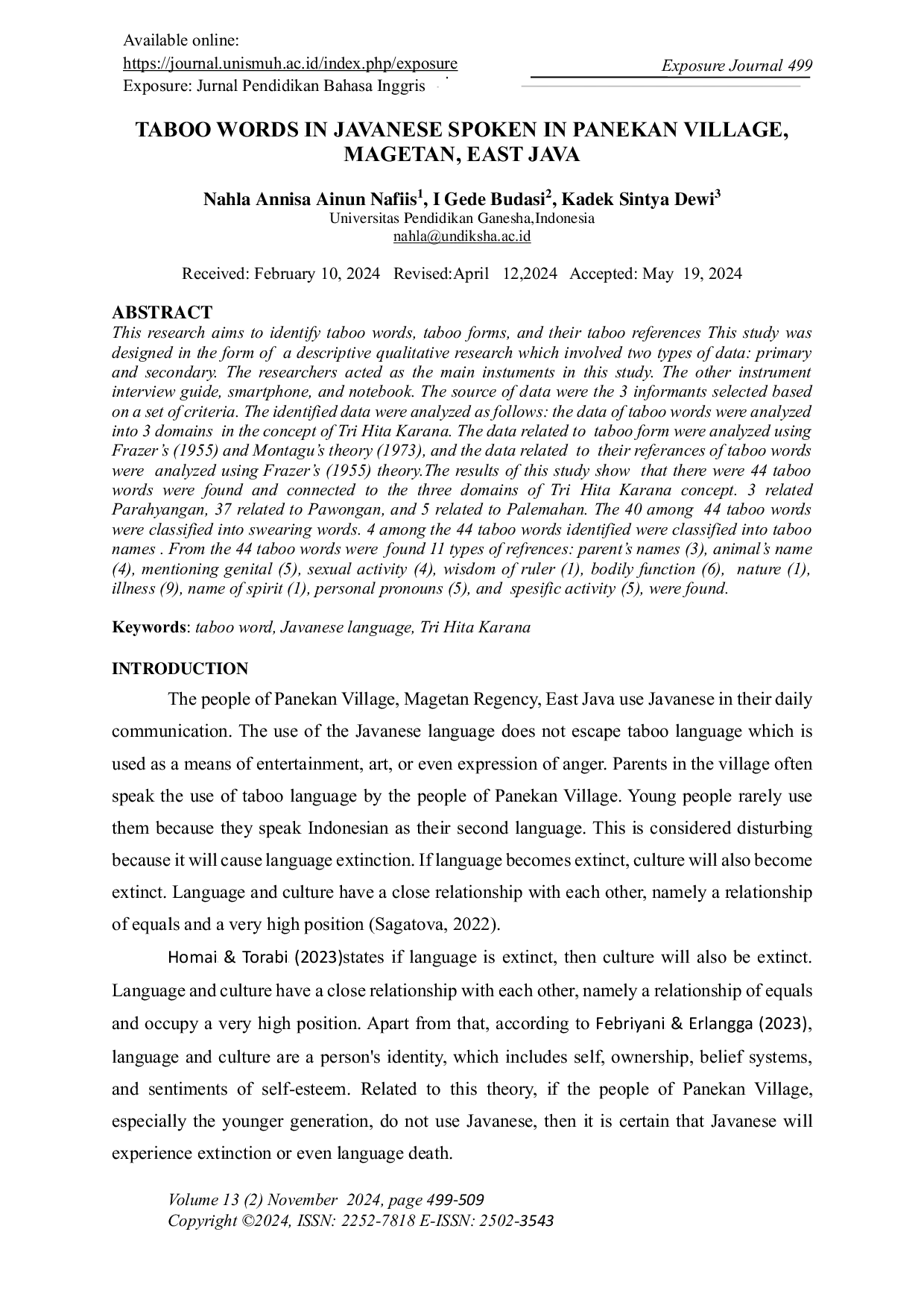 JURIS Taboo Words in Javanese Spoken in Panekan Village Magetan East Java
