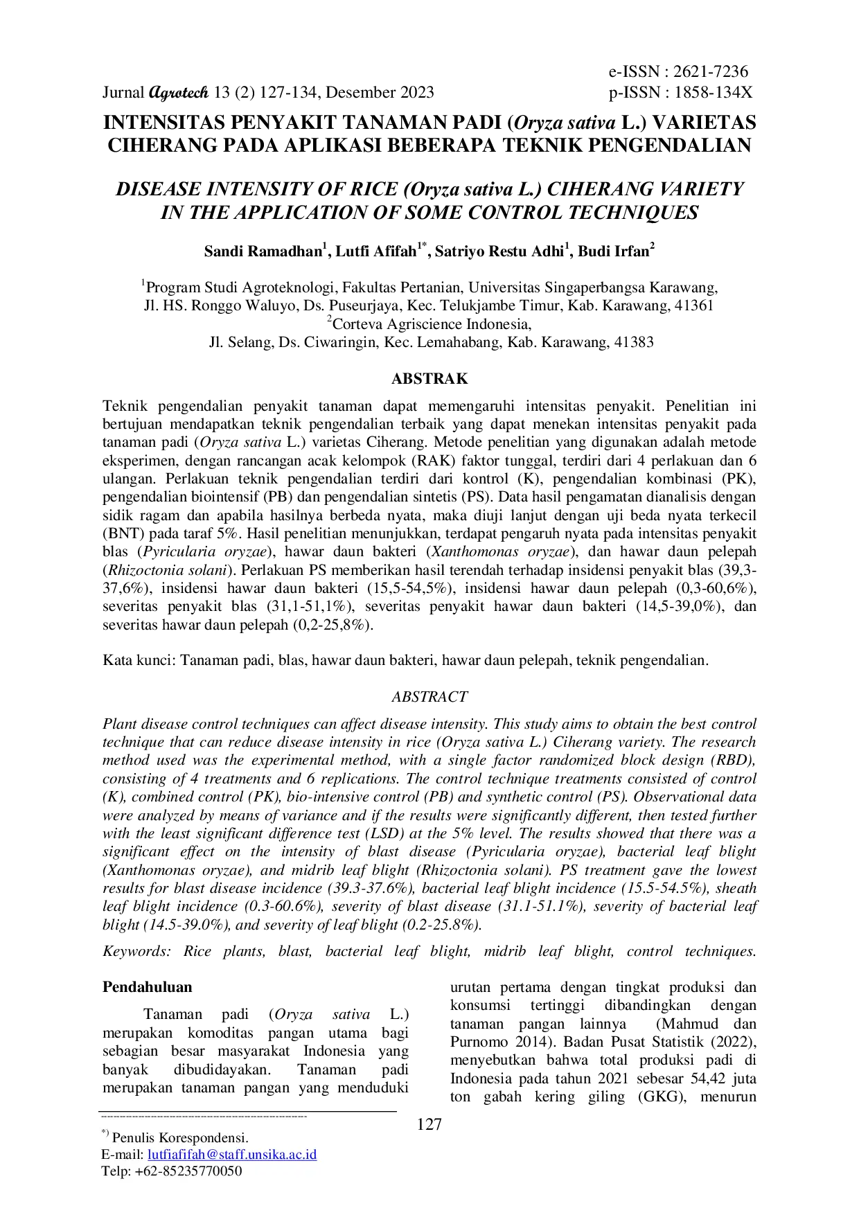 JURIS Intensitas Penyakit Tanaman Padi Oryza Sativa L Varietas Ciherang Pada Aplikasi Beberapa Teknik Pengendalian