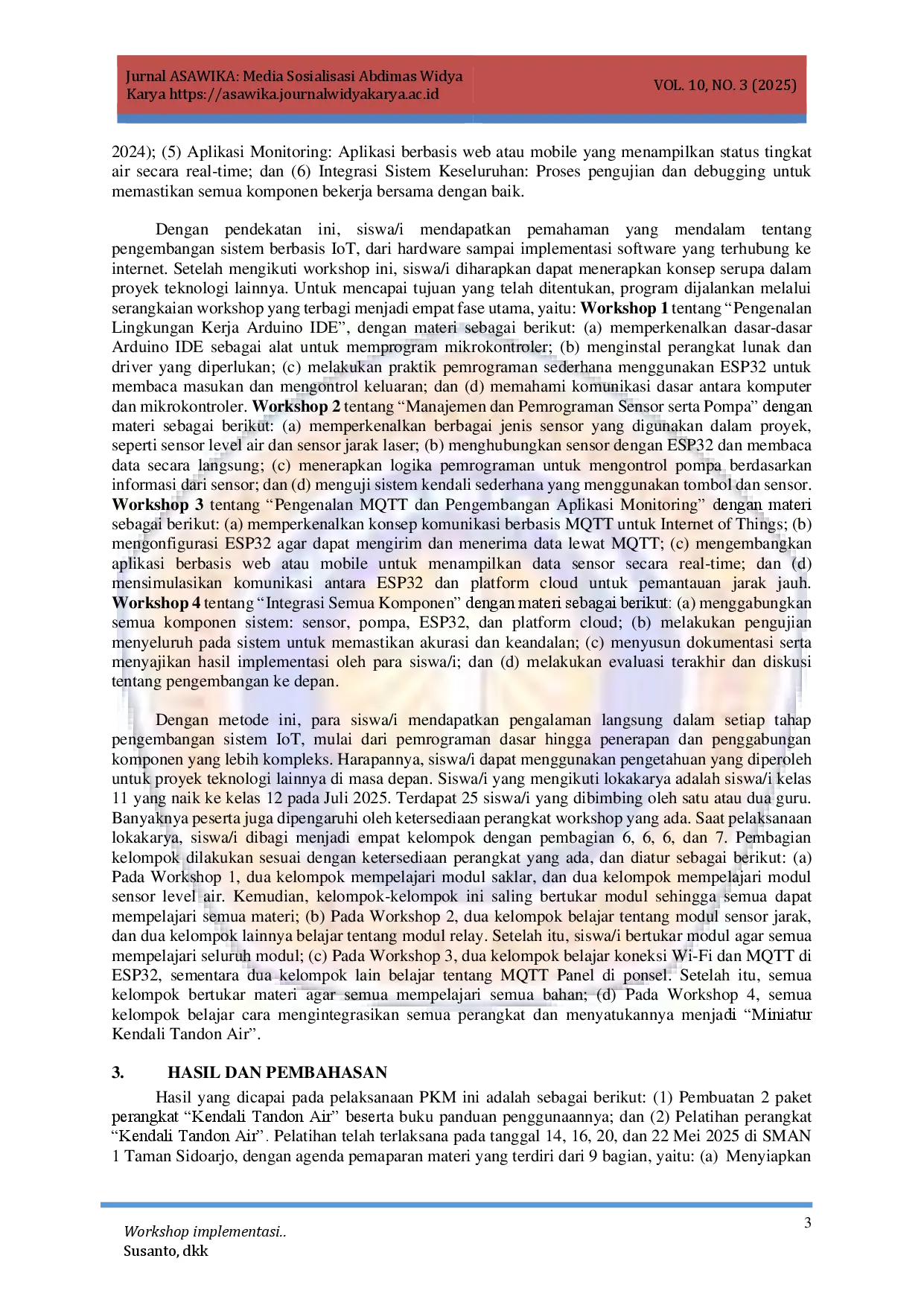 juris Workshop Implementasi IoT Kendali Tandon Air Di Sman 1 Taman Sidoarjo