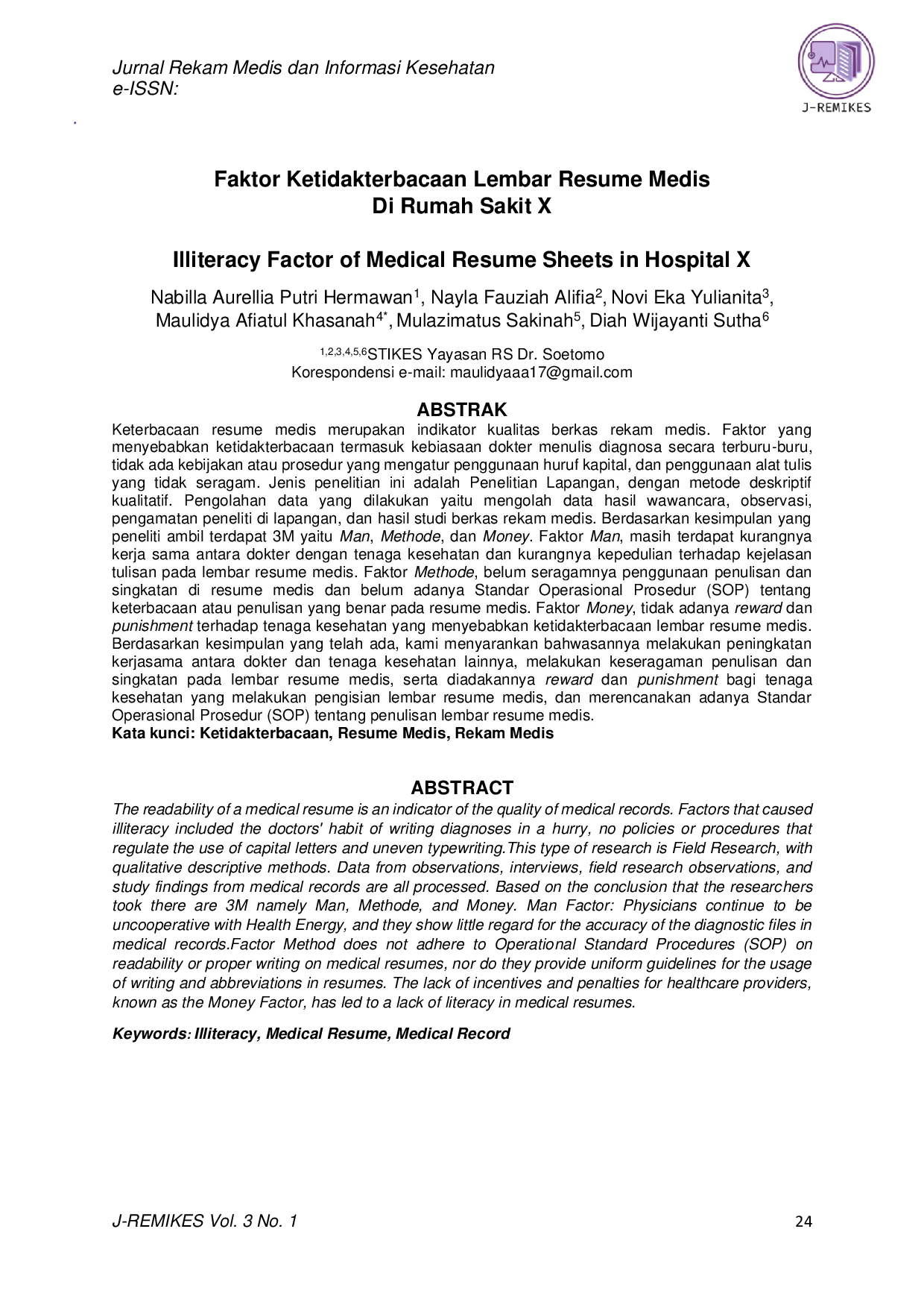 JURIS Faktor Ketidakterbacaan Lembar Resume Medis Di Rumah Sakit X