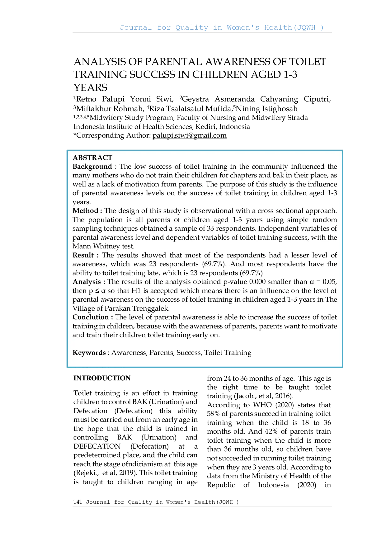 JURIS Analisis Kesadaran Orang Tua Terhadap Keberhasilan Toilet Training Pada Anak Usia 1 3 Tahun