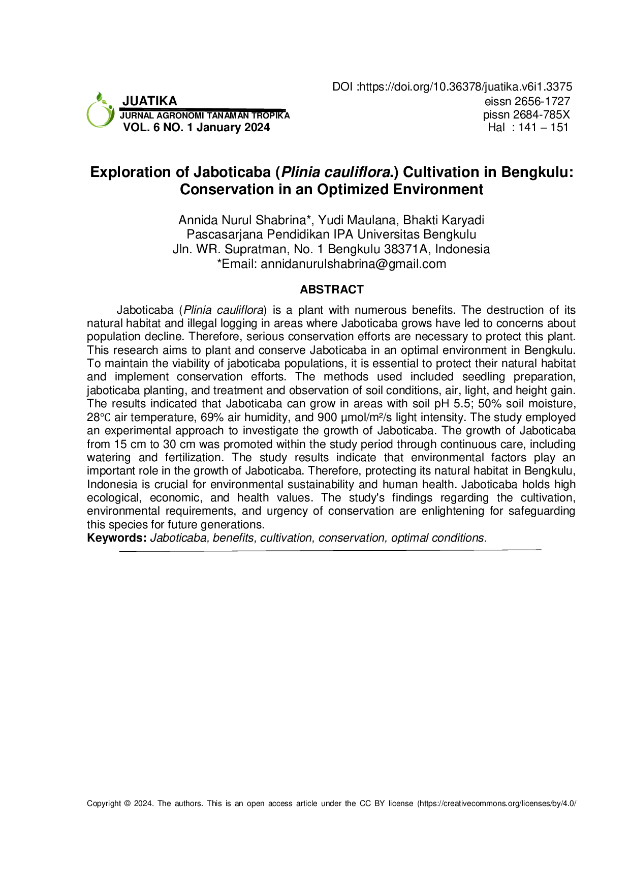 JURIS Exploration of Jaboticaba Plinia cauliflora Cultivation in Bengkulu Conservation in an Optimized Environment