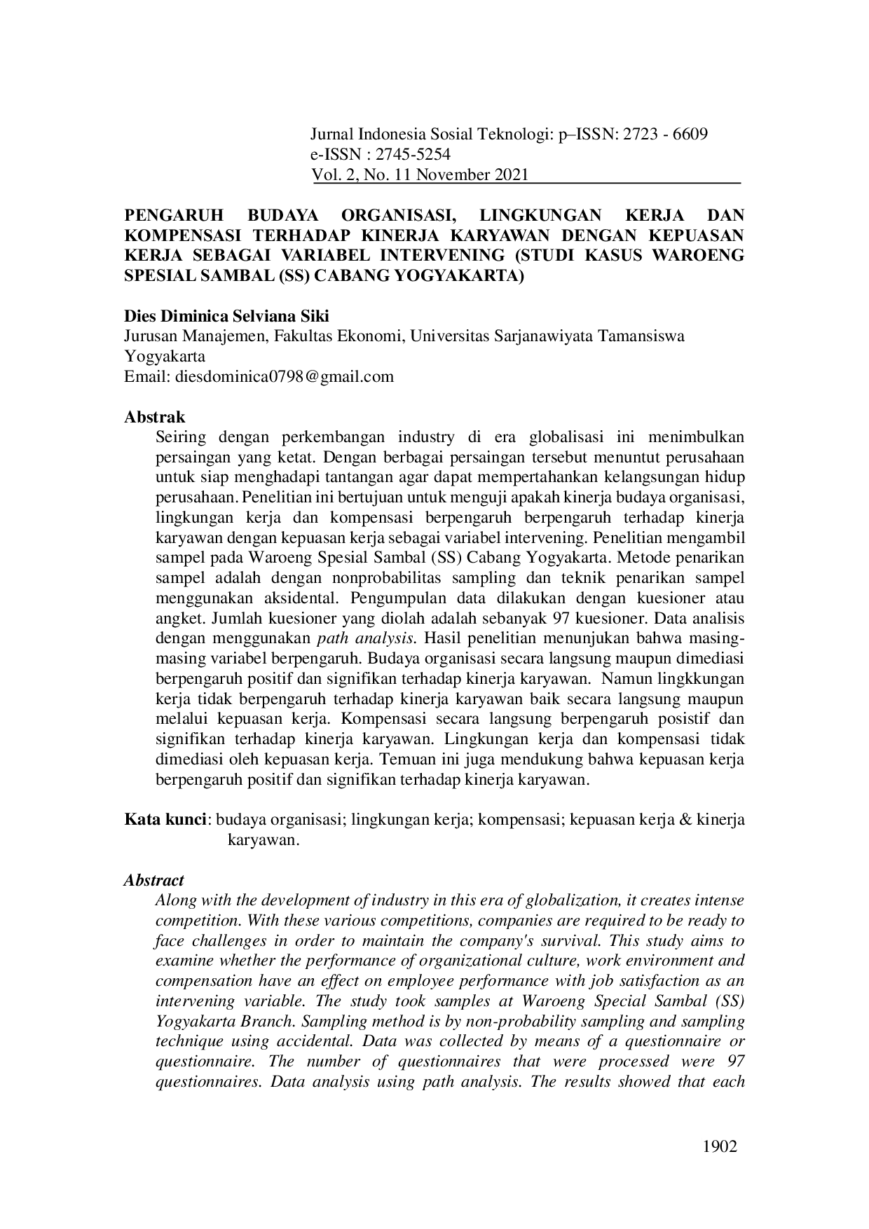 JURIS Pengaruh Budaya Organisasi Lingkungan Kerja dan Kompensasi Terhadap Kinerja Karyawan dengan Kepuasan Kerja Sebagai Variabel Intervening Studi Kasus Waroeng Spesial Sambal SS Cabang Yogyakarta