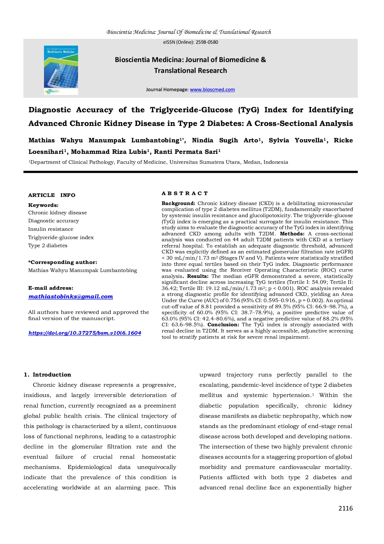 JURIS Diagnostic Accuracy of the Triglyceride Glucose TyG Index for Identifying Advanced Chronic Kidney Disease in Type 2 Diabetes A Cross Sectional Analysis