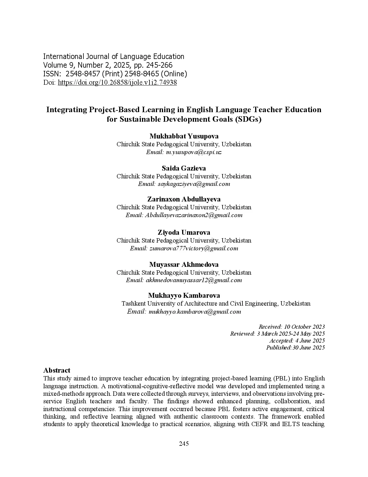 juris Integrating Project Based Learning in English Language Teacher Education for Sustainable Development Goals SDGs