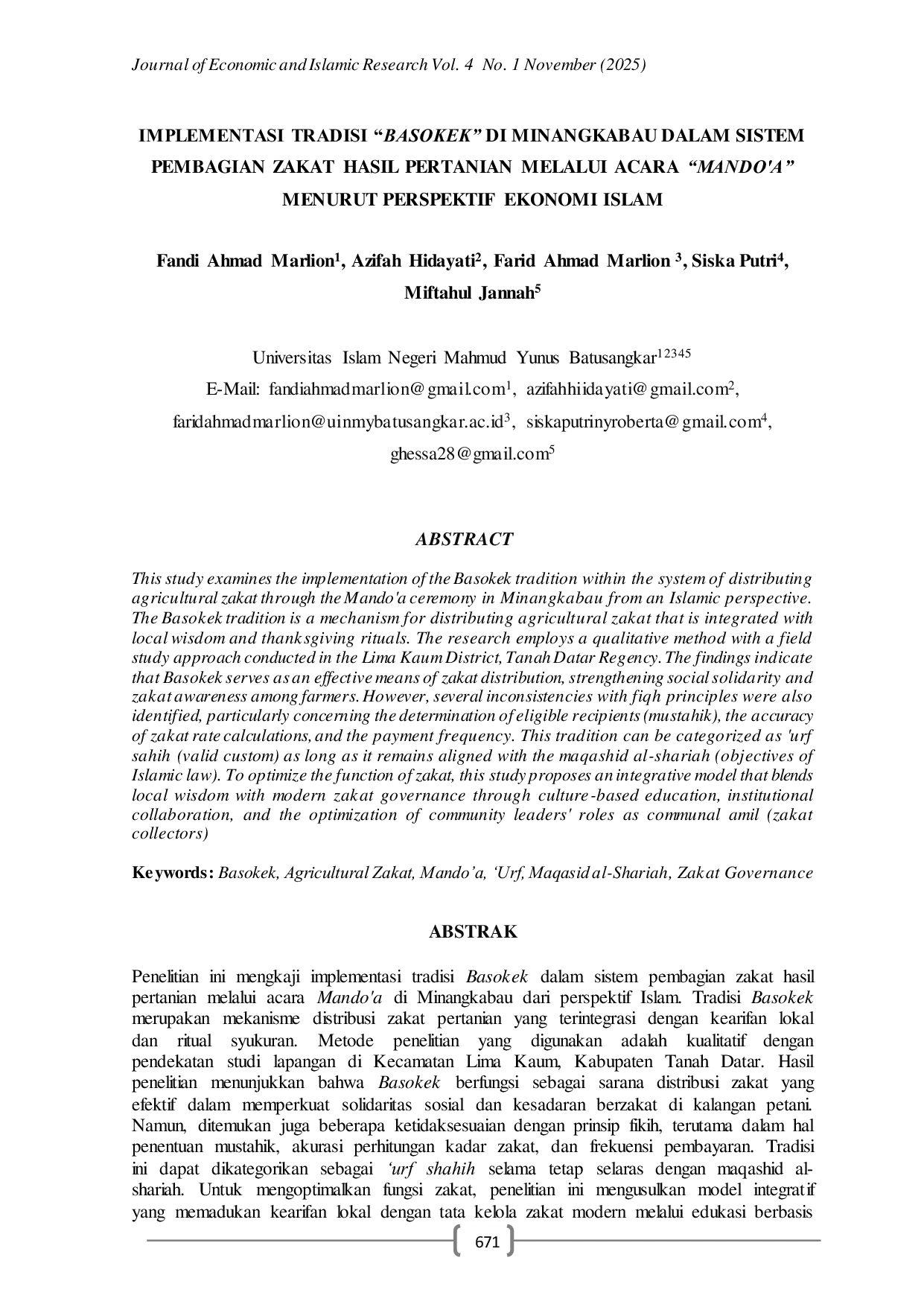 JURIS Implementasi Tradisi Basokek di Minangkabau dalam Sistem Pembagian Zakat Hasil Pertanian melalui Acara Mando a Menurut Perspektif Ekonomi Islam