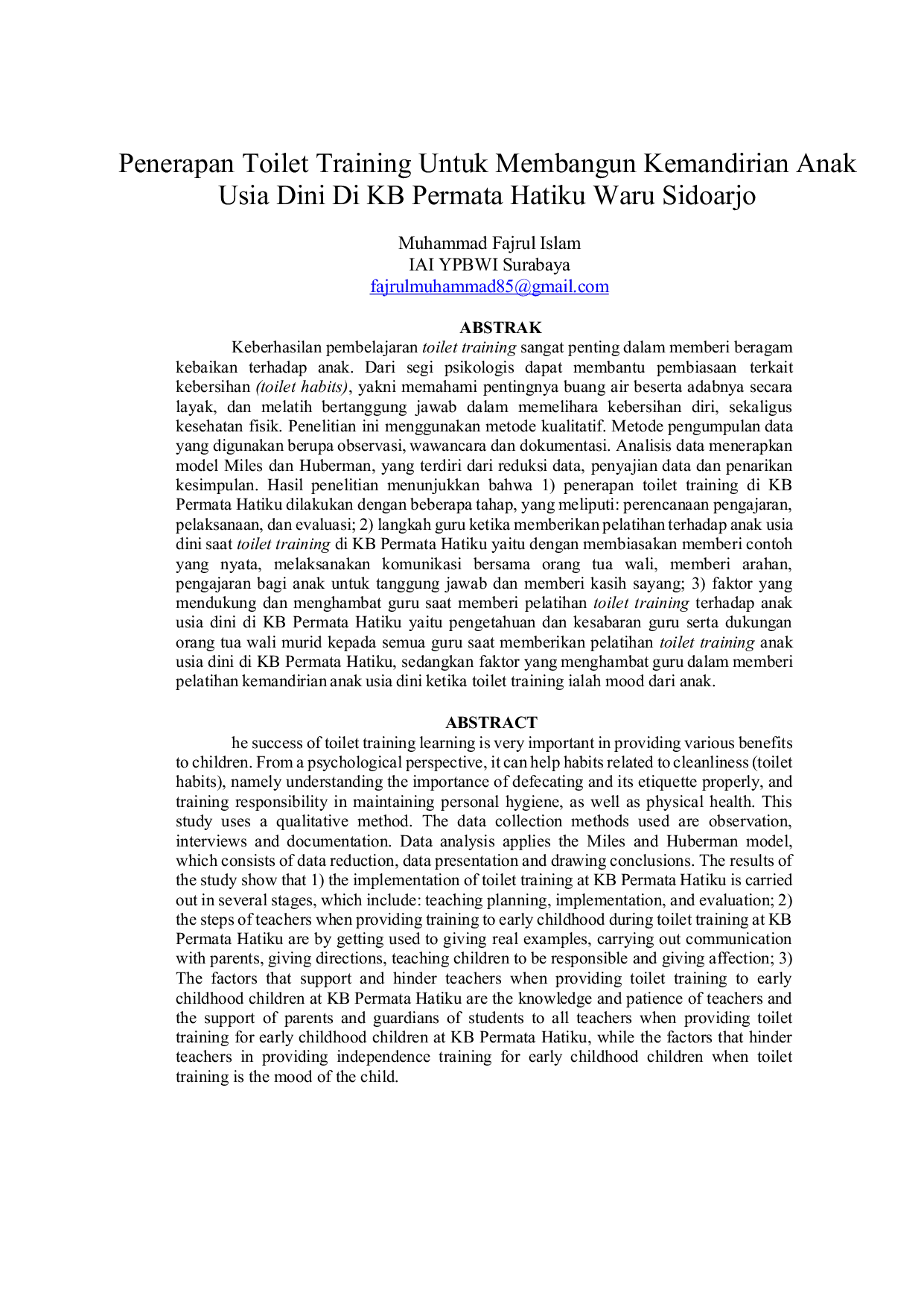 JURIS Penerapan Toilet Training Untuk Membangun Kemandirian Anak Usia Dini Di KB Permata Hatiku Waru Sidoarjo