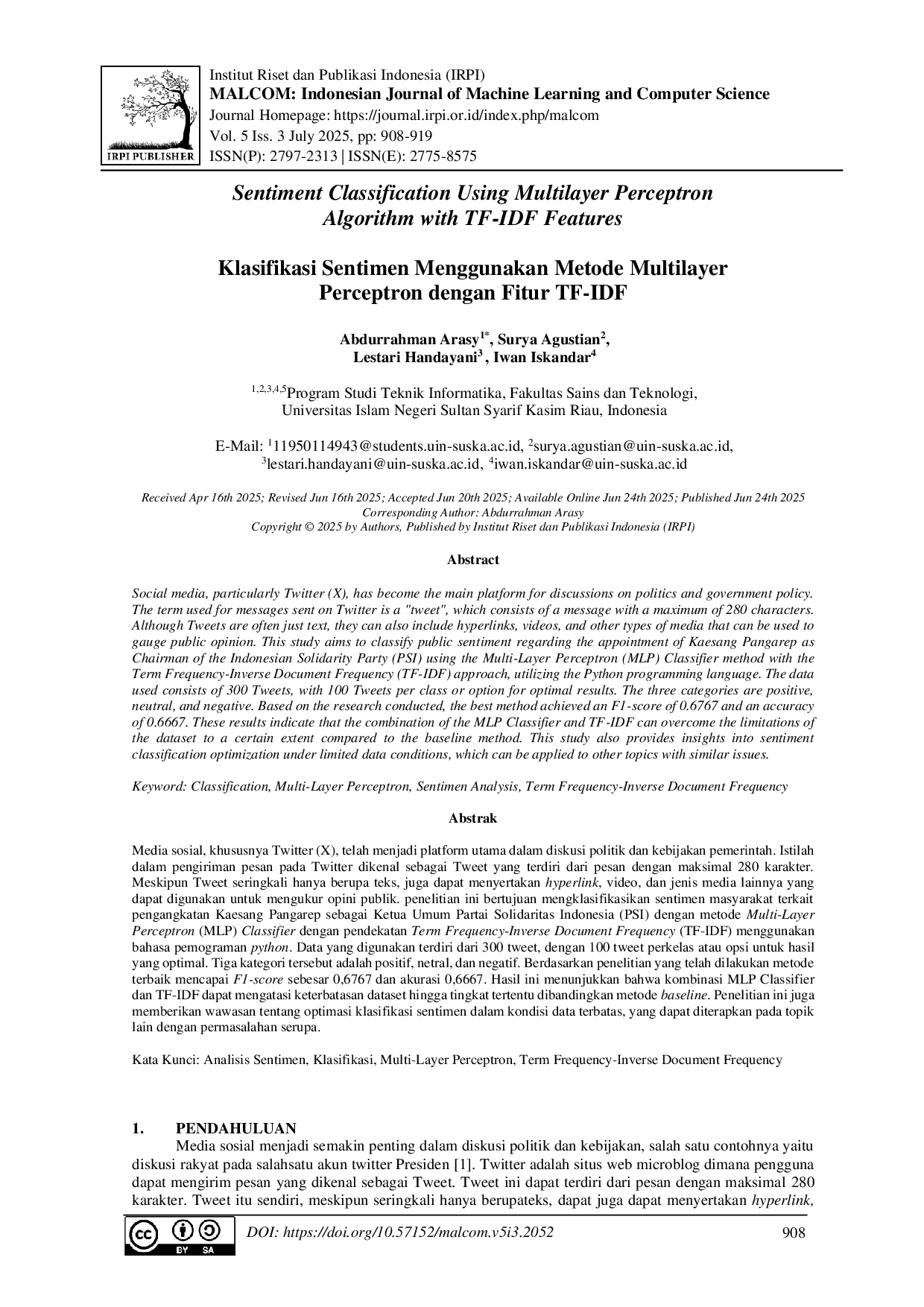 juris Klasifikasi Sentimen Menggunakan Metode Multilayer Perceptron dengan Fitur TF IDF