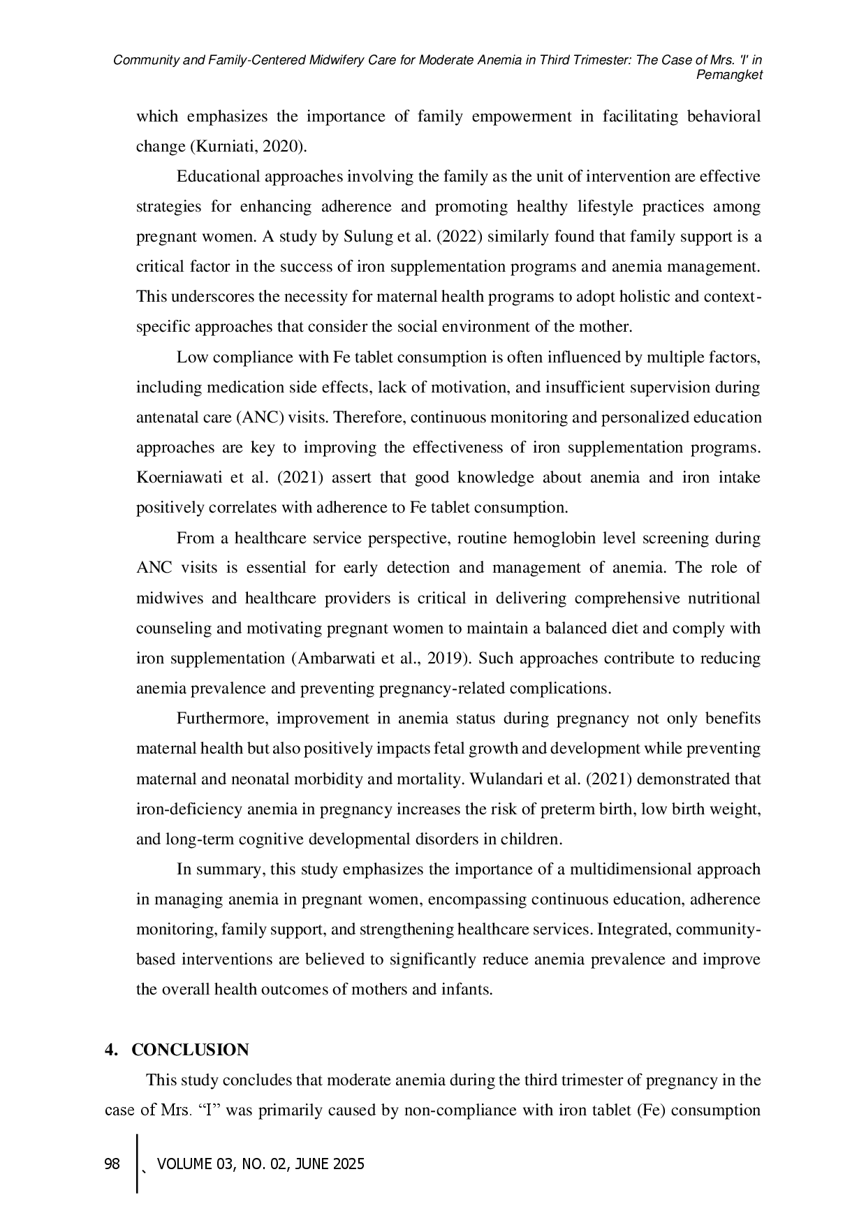 juris Community and Family Centered Midwifery Care for Moderate Anemia in Third Trimester The Case of Mrs I in Pemangket