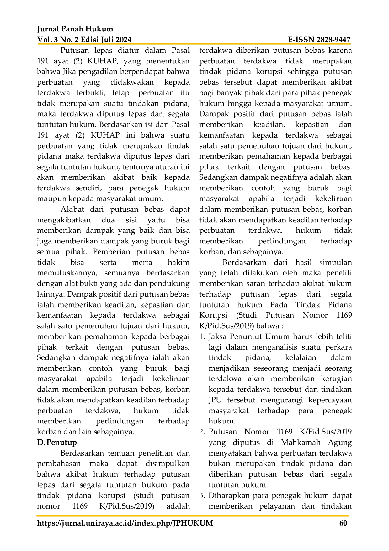 JURIS Akibat Hukum Terhadap Putusan Lepas Dari Segala Tuntutan Hukum Pada Tindak Pidana Korupsi Studi Putusan Nomor 1169 K Pid Sus 2019