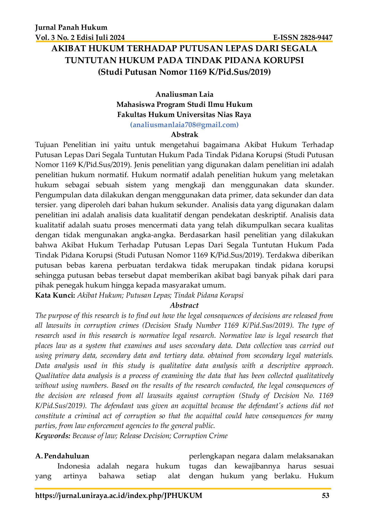 JURIS Akibat Hukum Terhadap Putusan Lepas Dari Segala Tuntutan Hukum Pada Tindak Pidana Korupsi Studi Putusan Nomor 1169 K Pid Sus 2019