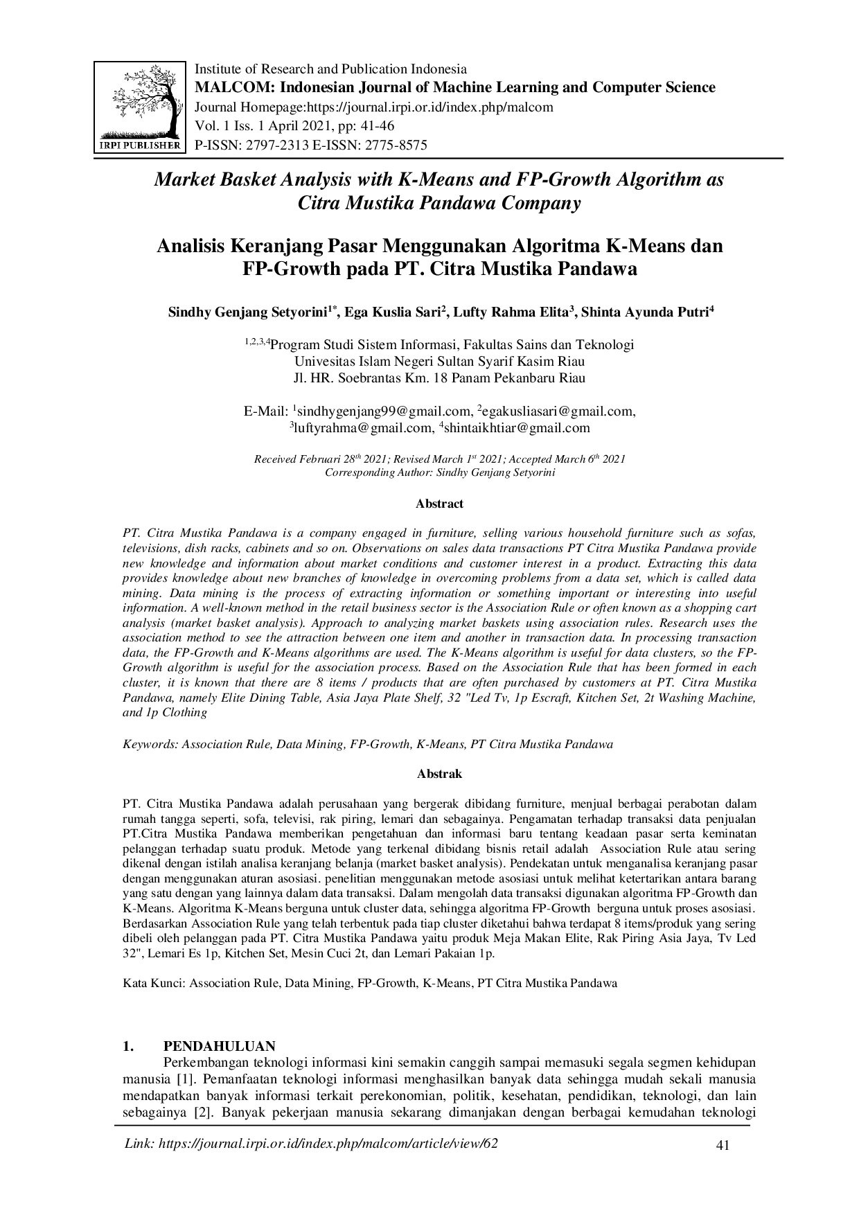 juris Analisis Keranjang Pasar Menggunakan Algoritma K Means dan FP Growth pada PT Citra Mustika Pandawa