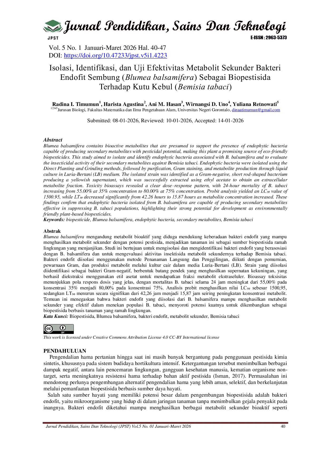 JURIS Isolasi Identifikasi dan Uji Efektivitas Metabolit Sekunder Bakteri Endofit Sembung Blumea balsamifera Sebagai Biopestisida Terhadap Kutu Kebul Bemisia tabaci