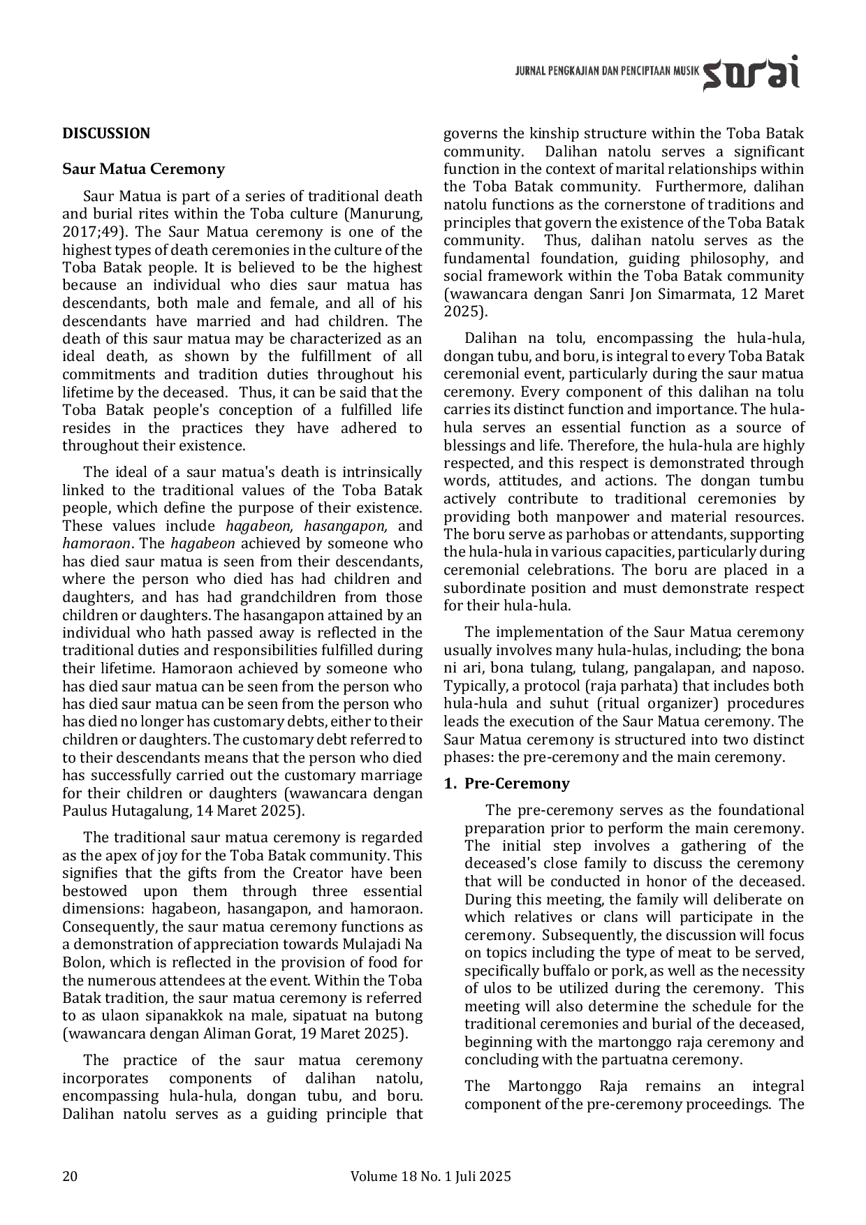 JURIS Modernization In Toba Batak Culture A Descriptive Study Of Musical Changes In The Saur Matua Ceremony In Sibolga City