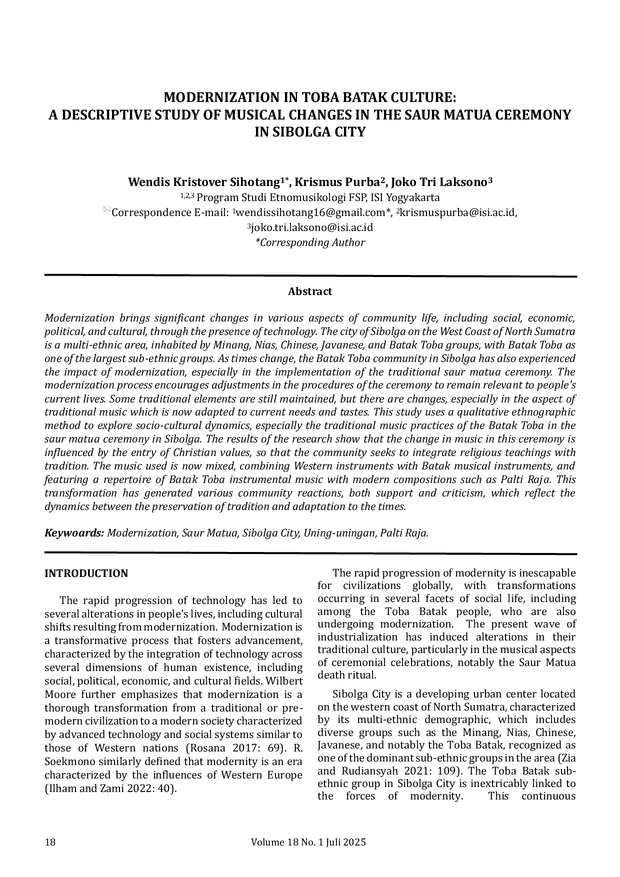 JURIS Modernization In Toba Batak Culture A Descriptive Study Of Musical Changes In The Saur Matua Ceremony In Sibolga City