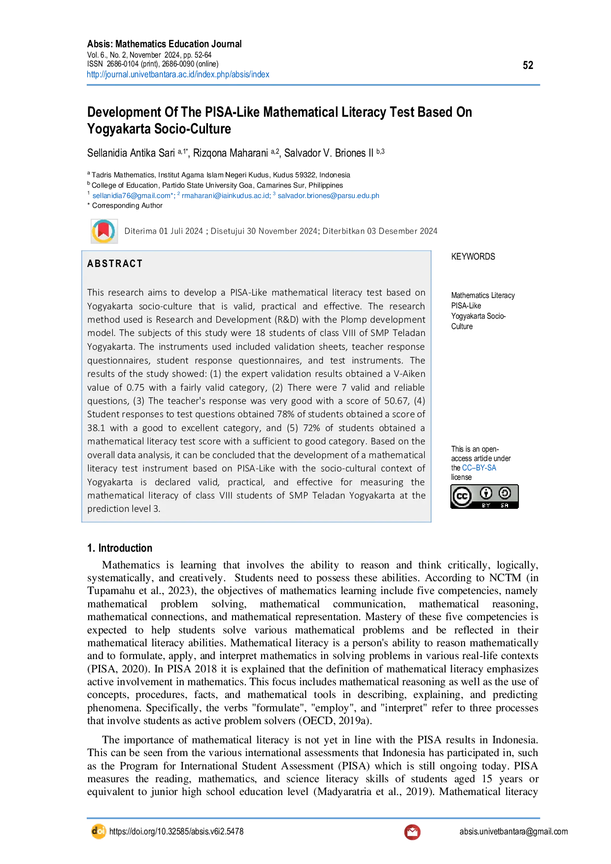 JURIS Development Of The PISA Like Mathematics Literacy Test Based On Yogyakarta Socio Culture