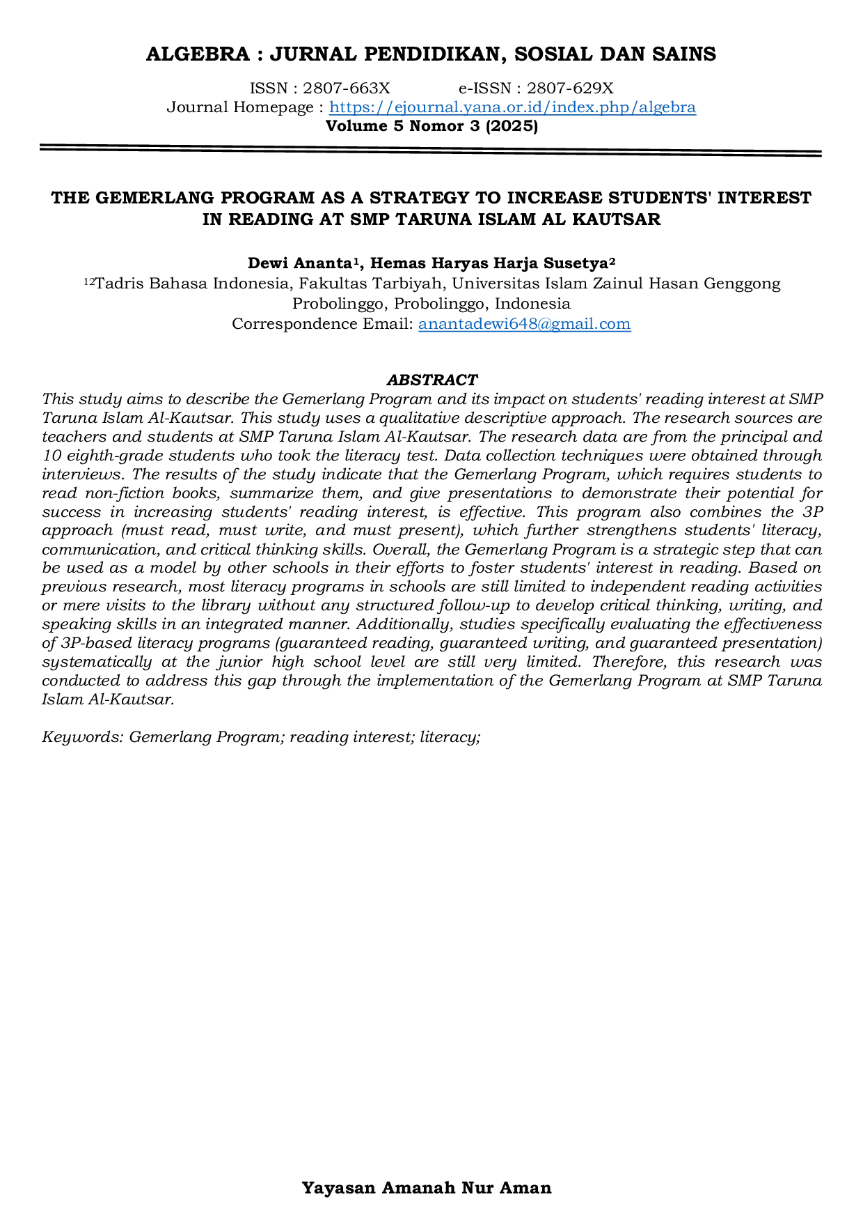 JURIS The Gemerlang Program As A Strategy To Increase Students Interest In Reading At SMP Taruna Islam Al Kautsar