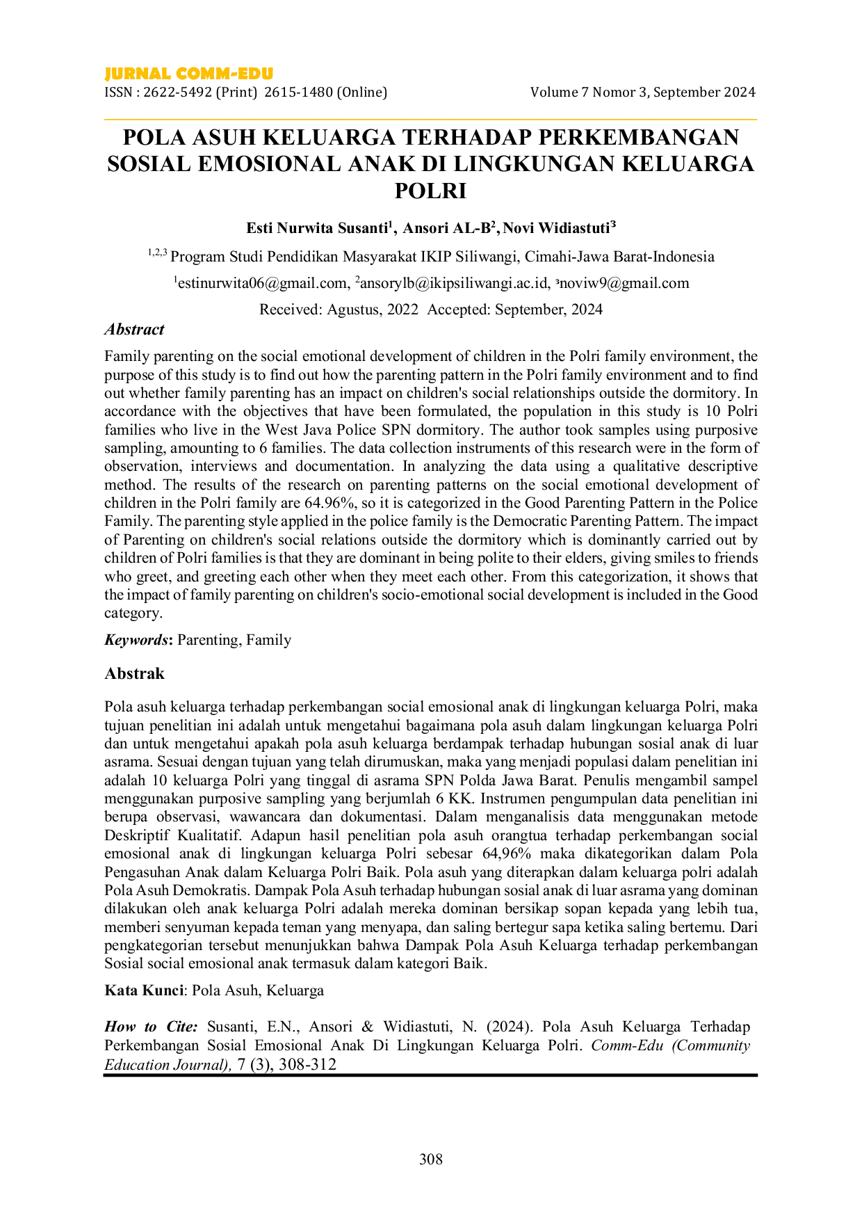 JURIS Pola Asuh Keluarga Terhadap Perkembangan Sosial Emosional Anak Di Lingkungan Keluarga Polri