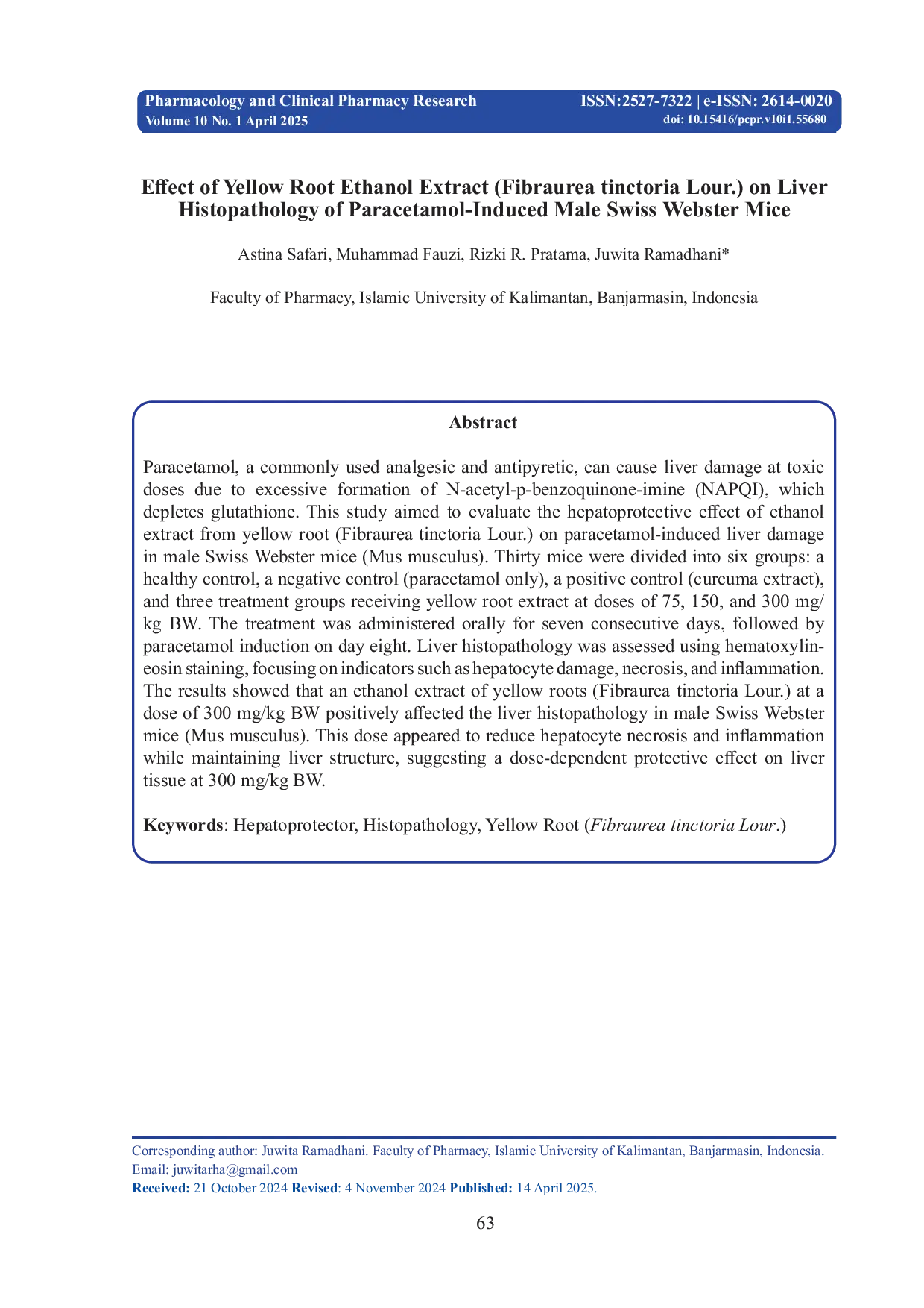 JURIS Effect of Yellow Root Ethanol Extract Fibraurea tinctoria Lour on Liver Histopathology of Paracetamol Induced Male Swiss Webster Mice