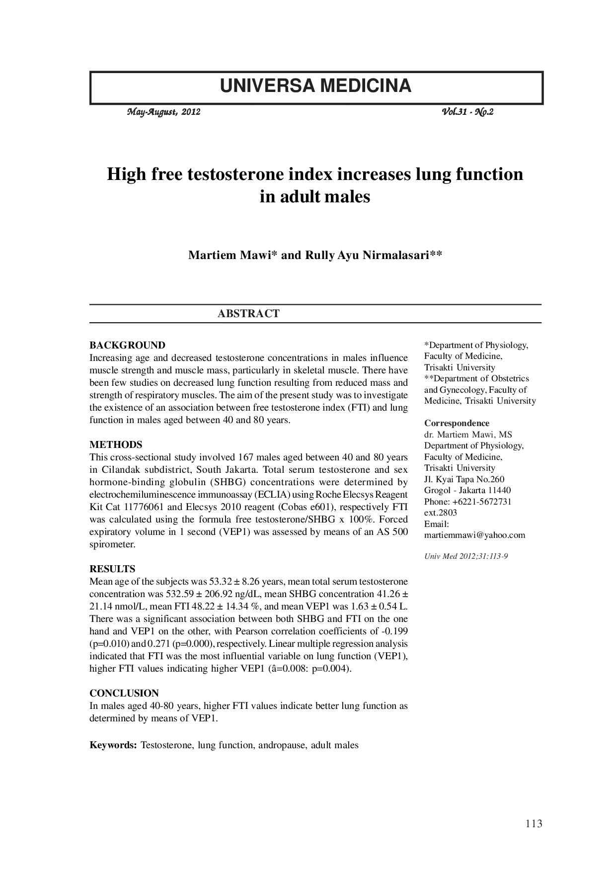 JURIS High Free Testosterone Index Increases Lung Function in Adult Males