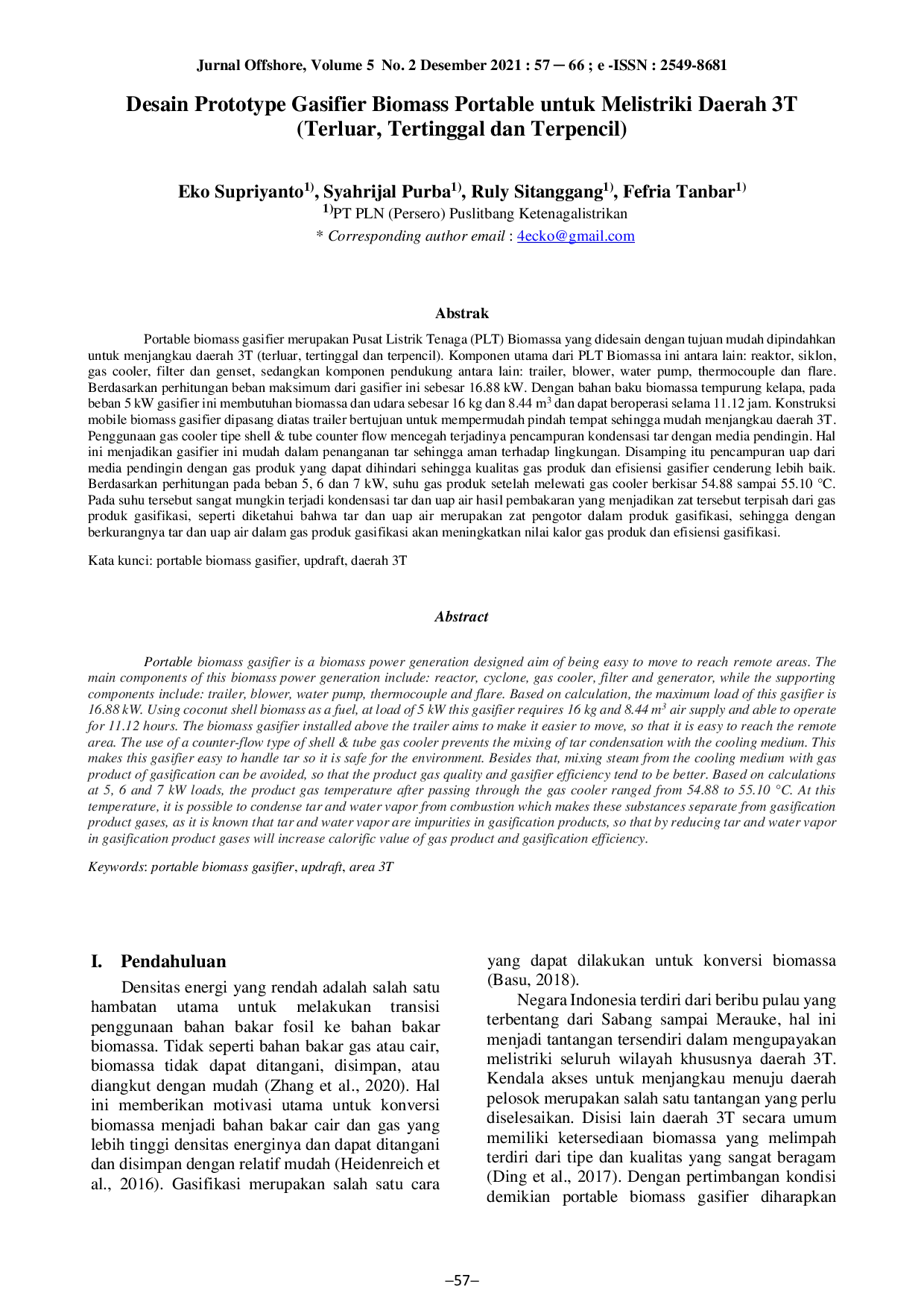 JURIS Desain Prototype Gasifier Biomass Portable Untuk Melistriki Daerah 3T
