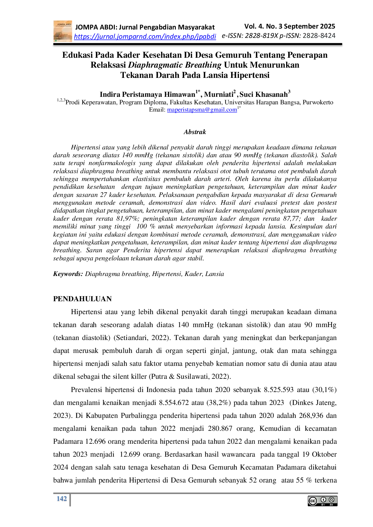 JURIS Edukasi Pada Kader Kesehatan Di Desa Gemuruh Tentang Penerapan Relaksasi Diaphragmatic Breathing Untuk Menurunkan Tekanan Darah Pada Lansia Hipertensi