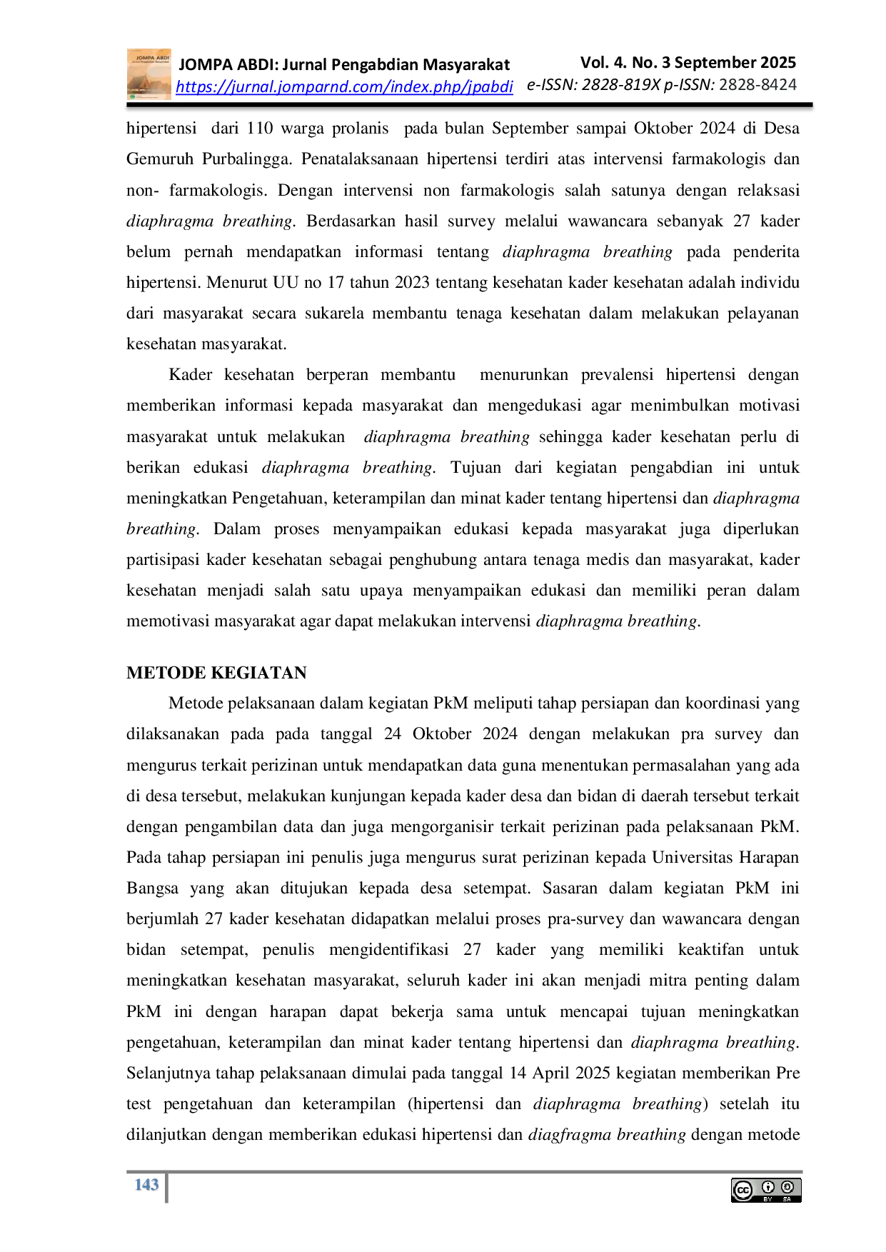 JURIS Edukasi Pada Kader Kesehatan Di Desa Gemuruh Tentang Penerapan Relaksasi Diaphragmatic Breathing Untuk Menurunkan Tekanan Darah Pada Lansia Hipertensi