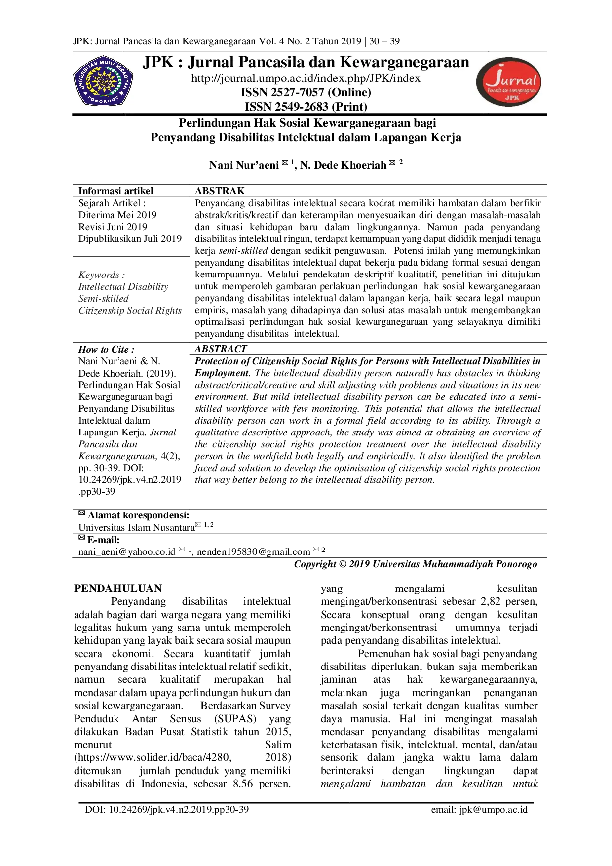 JURIS Perlindungan Hak Sosial Kewarganegaraan bagi Penyandang Disabilitas Intelektual dalam Lapangan Kerja