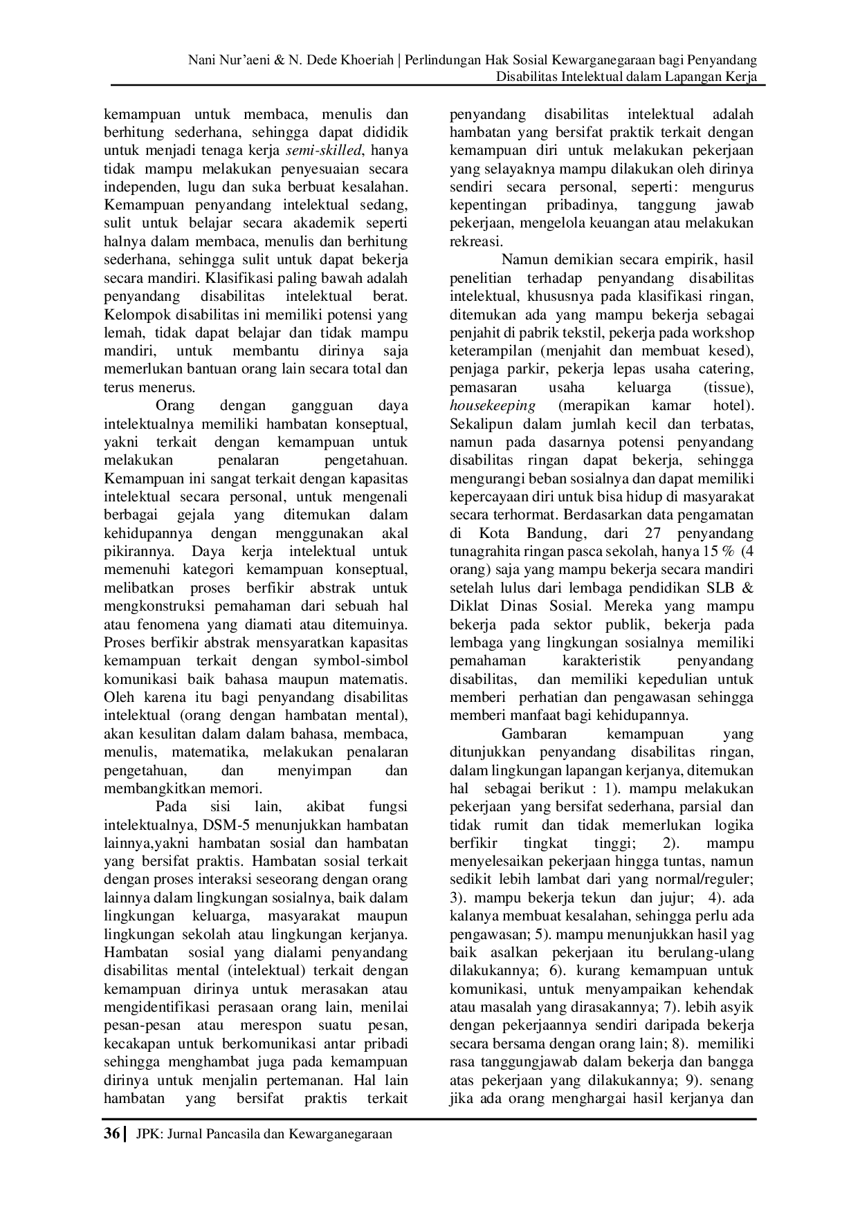 JURIS Perlindungan Hak Sosial Kewarganegaraan bagi Penyandang Disabilitas Intelektual dalam Lapangan Kerja