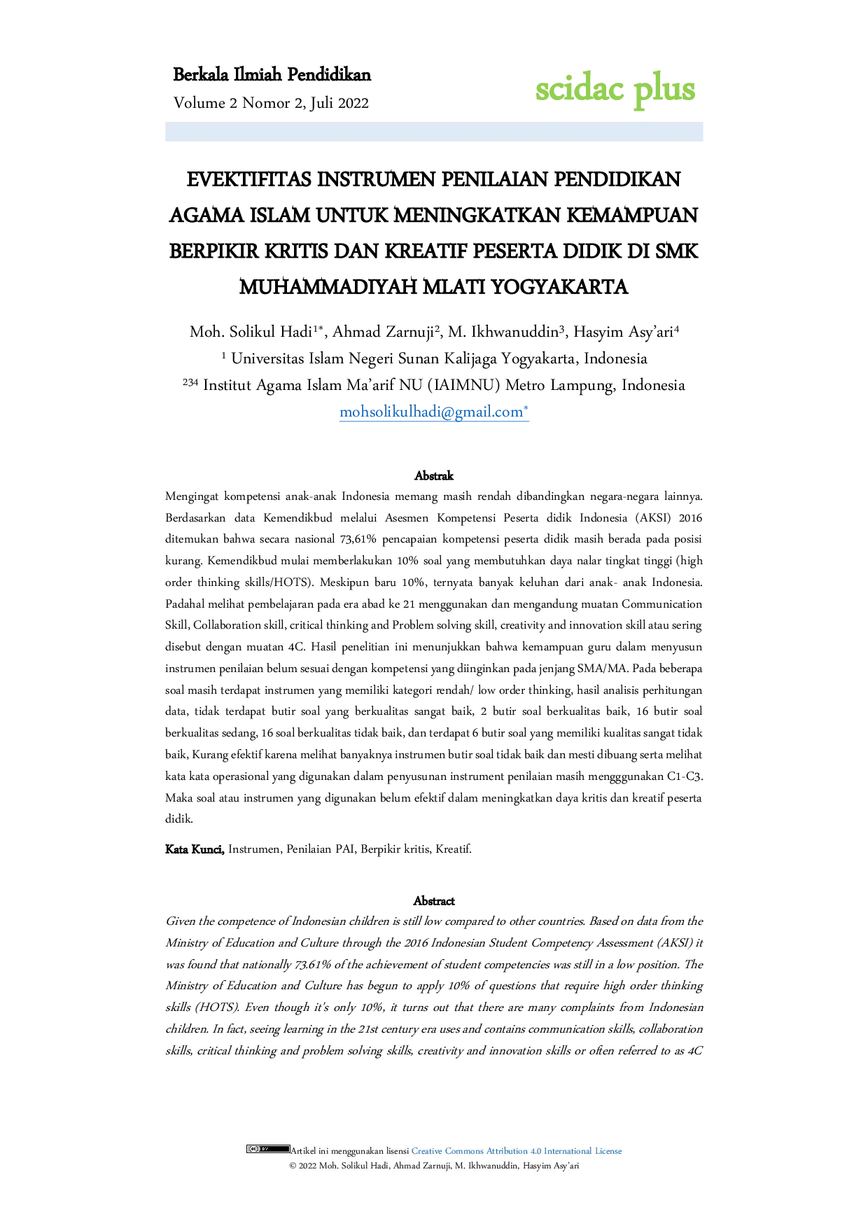 JURIS Efektivitas Instrumen Penilaian Pendidikan Agama Islam Untuk Meningkatkan Kemampuan Berpikir Kritis Dan Kreatif Peserta Didik Di Smk Muhammadiyah Mlati