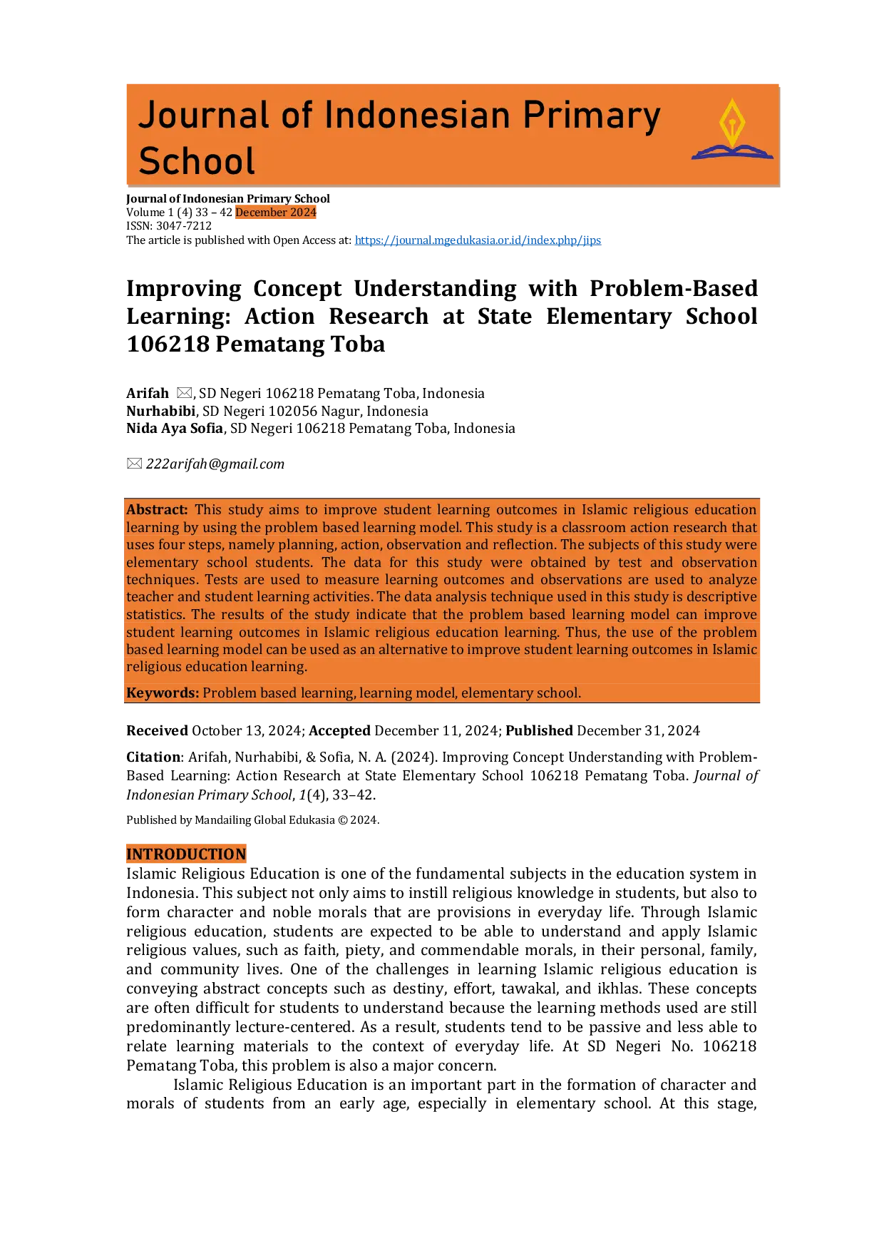 JURIS Improving Concept Understanding With Problem Based Learning Action Research At State Elementary School 106218 Pematang Toba
