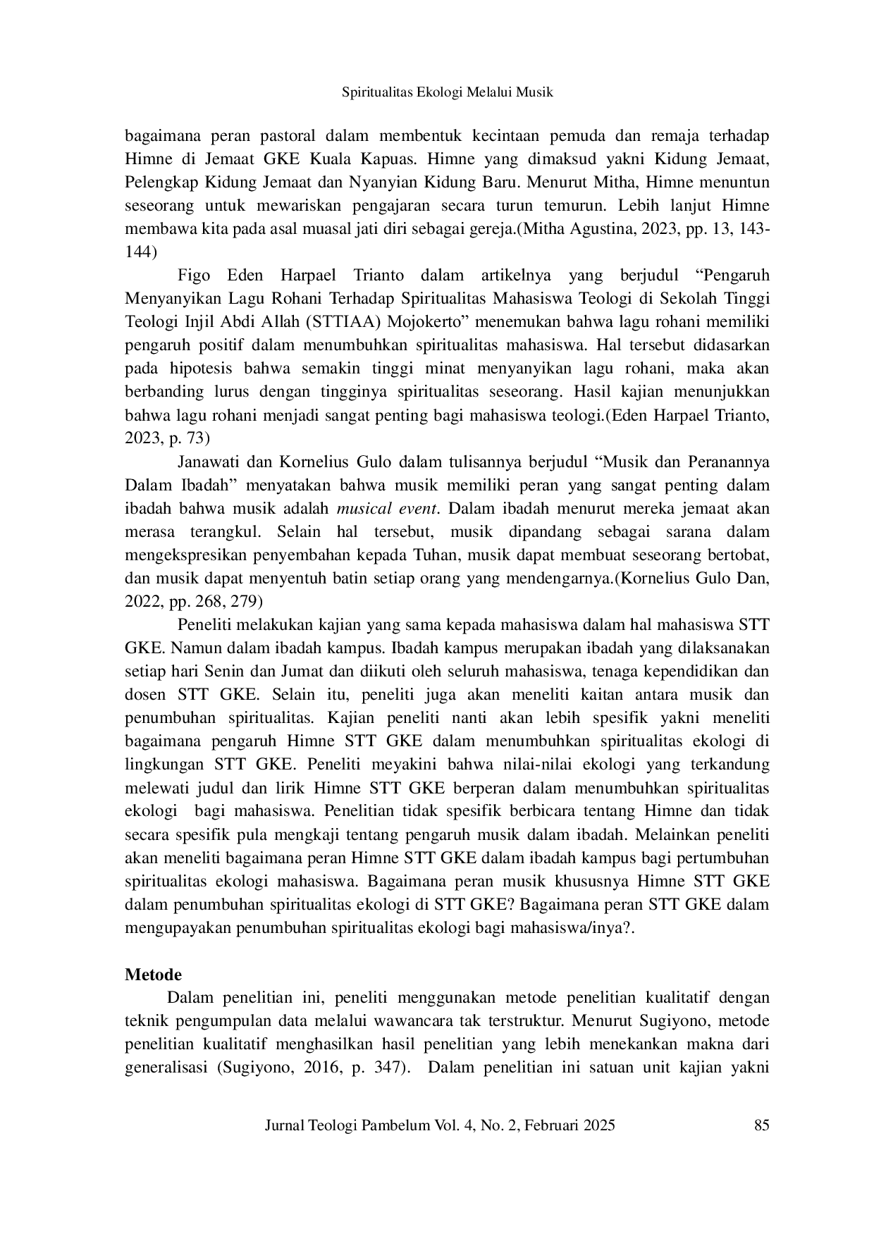 JURIS Spiritualitas Ekologi Melalui Musik Suatu Kajian Terhadap Peran Himne STT GKE Bagi Peningkatan Spiritualitas