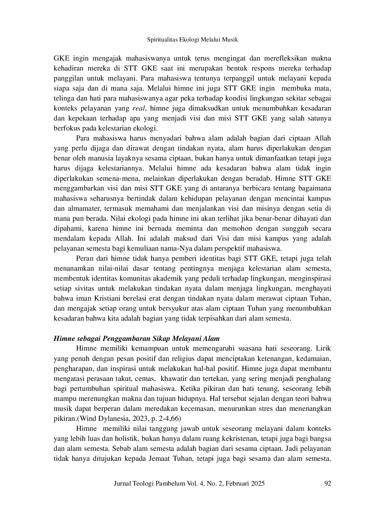 JURIS Spiritualitas Ekologi Melalui Musik Suatu Kajian Terhadap Peran Himne STT GKE Bagi Peningkatan Spiritualitas
