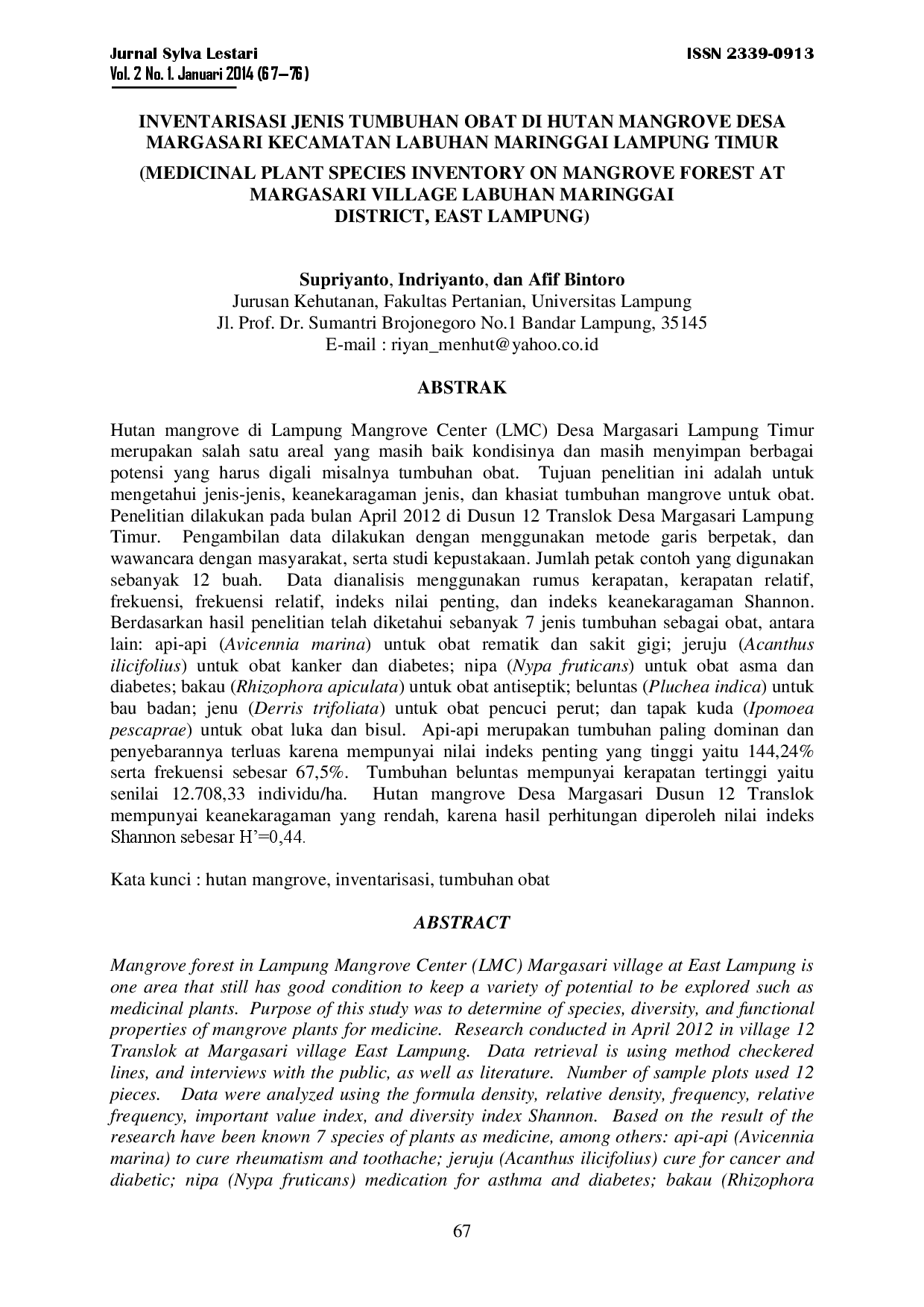 juris Inventarisasi Jenis Tumbuhan Obat Di Hutan Mangrove Desa Margasari Kecamatan Labuhan Maringgai Lampung Timur