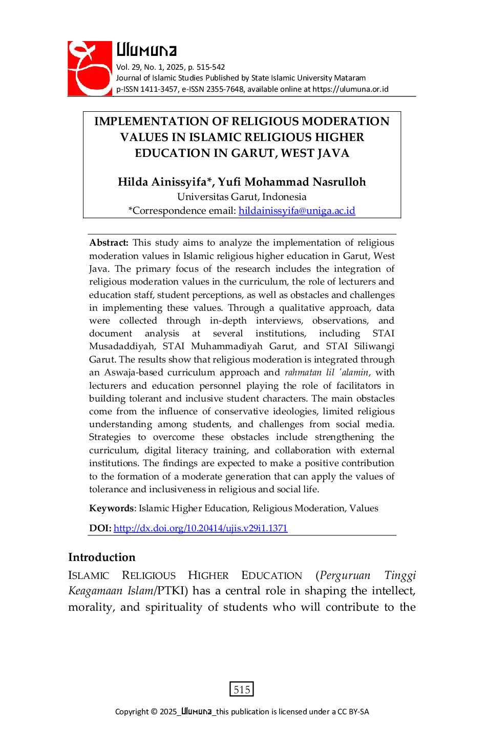 JURIS Implementation of Religious Moderation Values in Islamic Religious Higher Education in Garut West Java