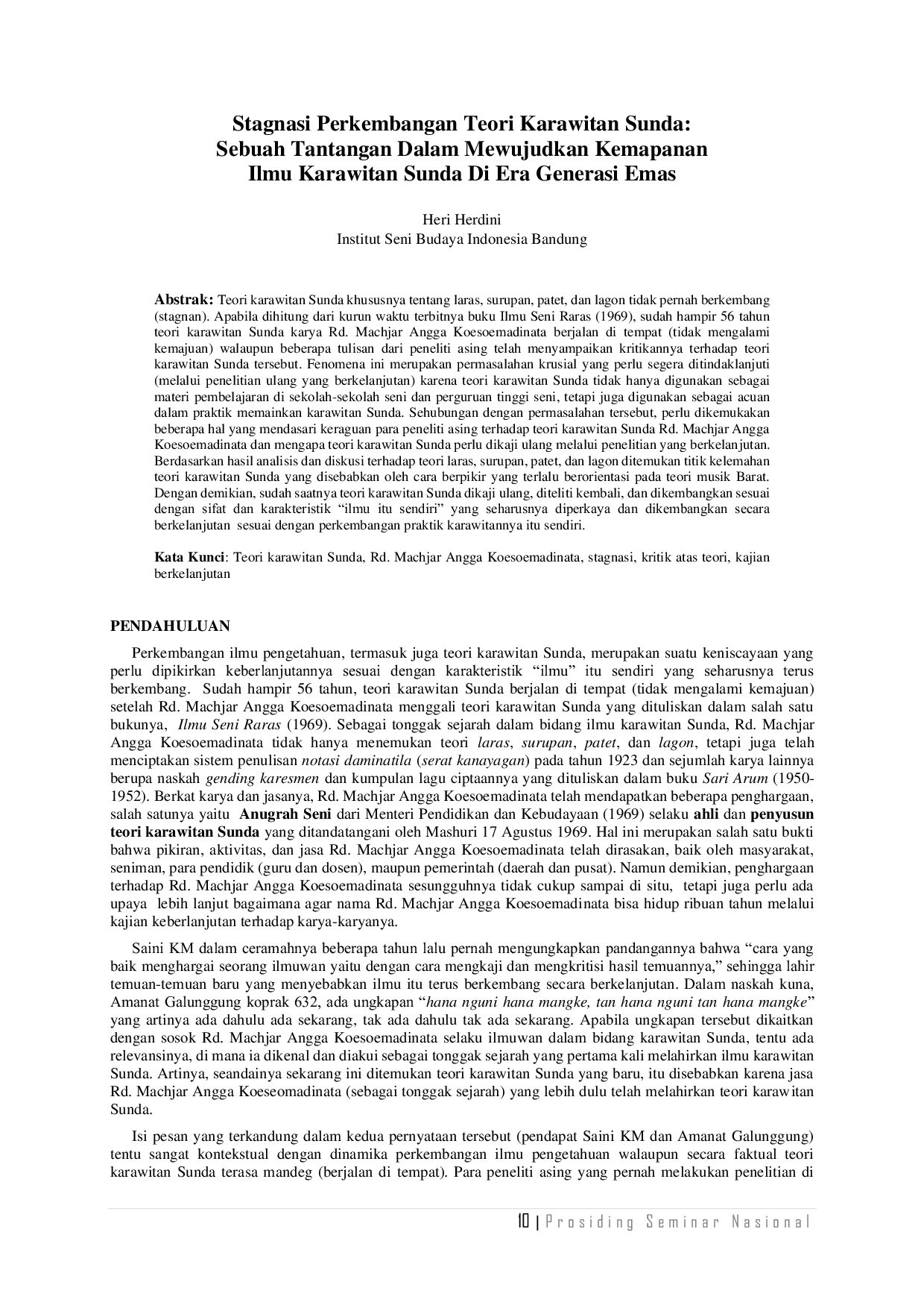 JURIS Stagnasi Perkembangan Teori Karawitan Sunda Sebuah Tantangan Dalam Mewujudkan Kemapanan Ilmu Karawitan Sunda Di Era Generasi Emas