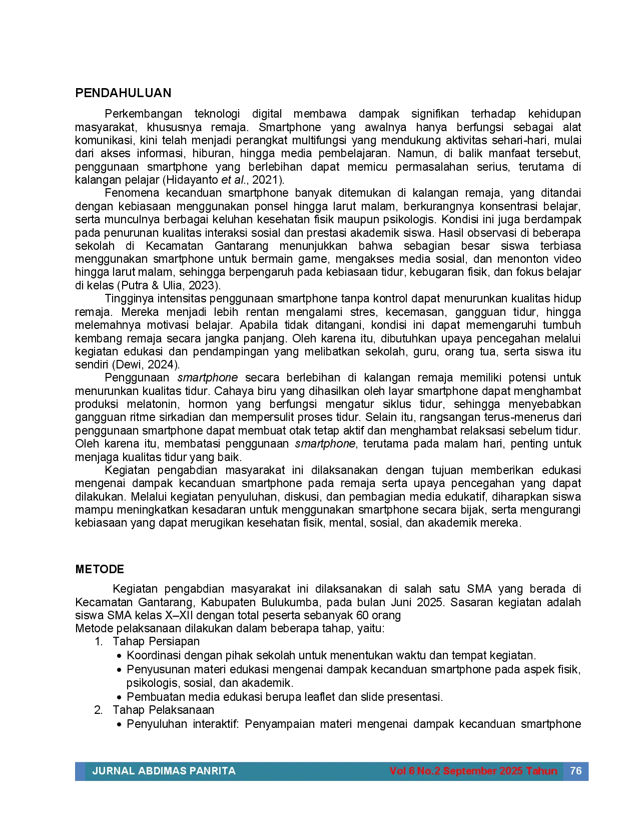 JURIS Pendidikan Kesehatan Pada Anak Remaja Tentang Kecanduan Dan Penggunaan Smartphone Di Sman 19 Bulukumba