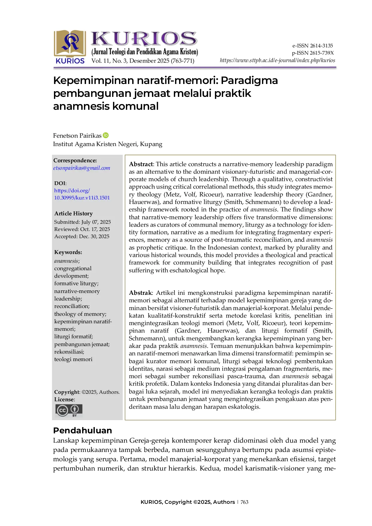 JURIS Kepemimpinan naratif memori Paradigma pembangunan jemaat melalui praktik anamnesis komunal
